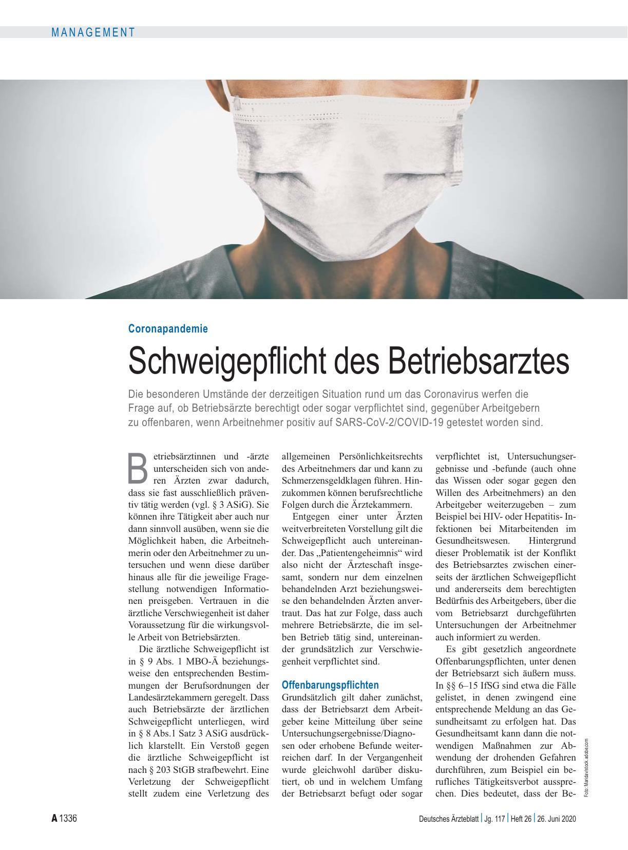 Vorschauseite 1: Coronapandemie: Schweigepflicht des Betriebsarztes