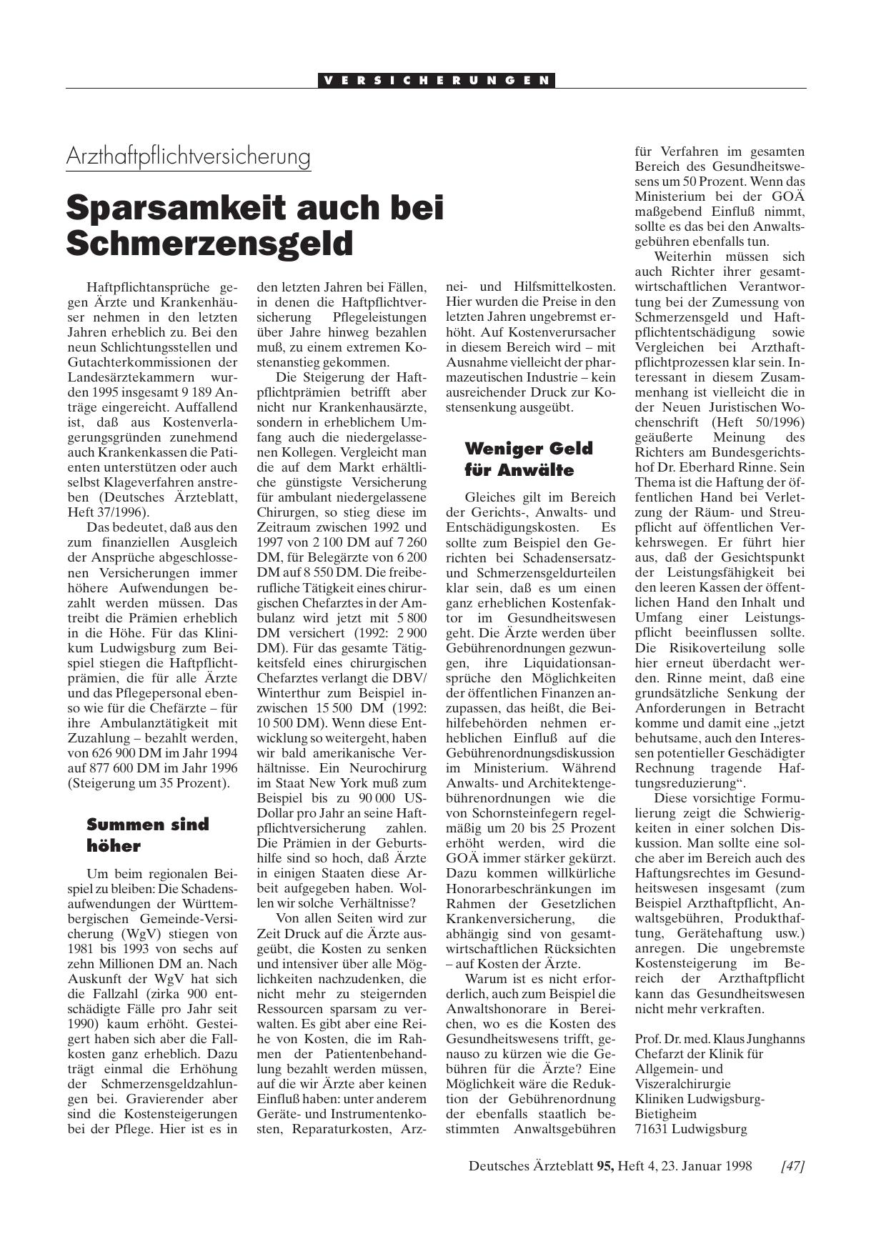 Vorschauseite 1: Arzthaftpflichtversicherung: Sparsamkeit auch bei Schmerzensgeld