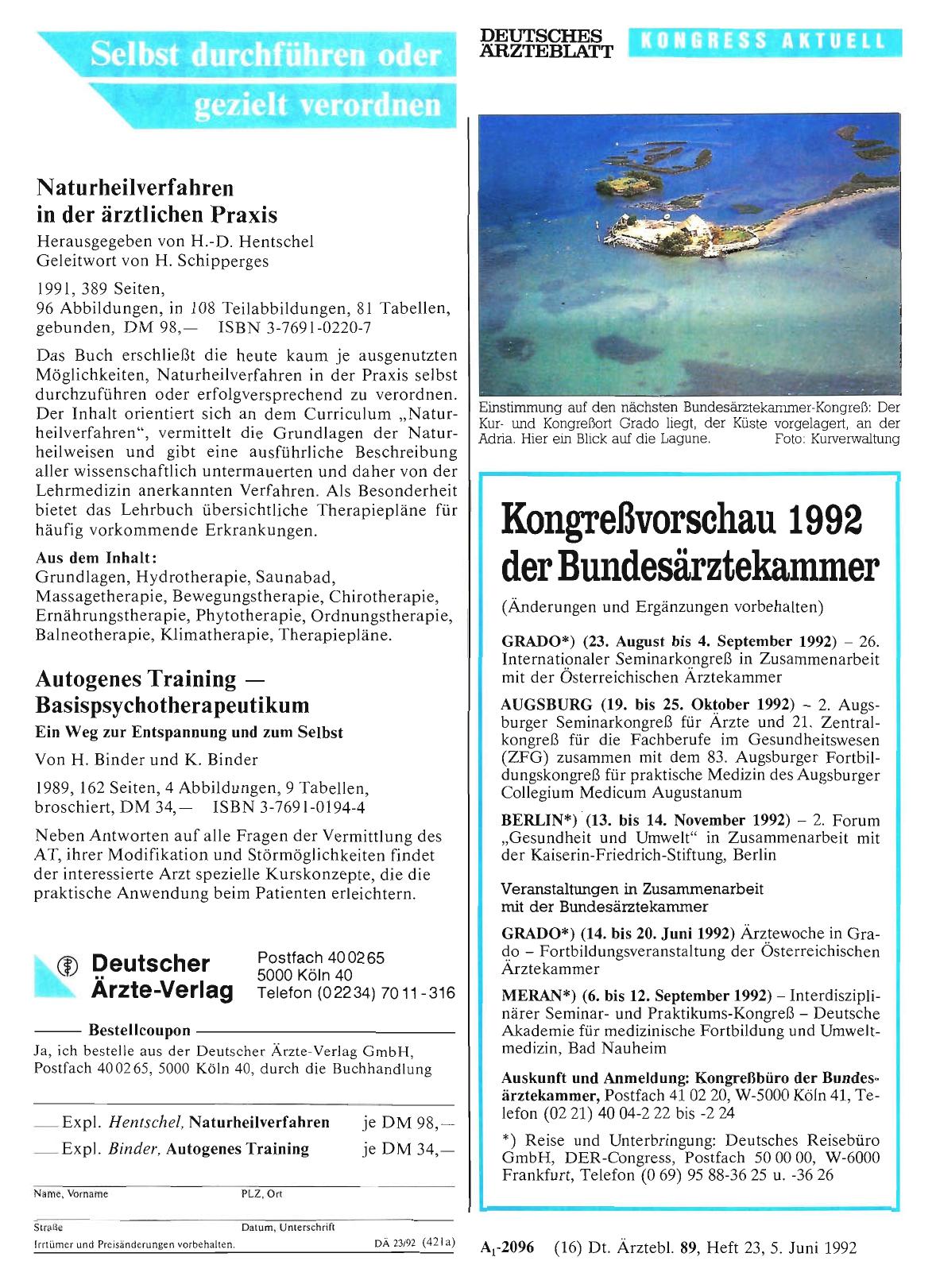 Vorschauseite 1: Kongreßvorschau 1992 der Bundesärztekammer