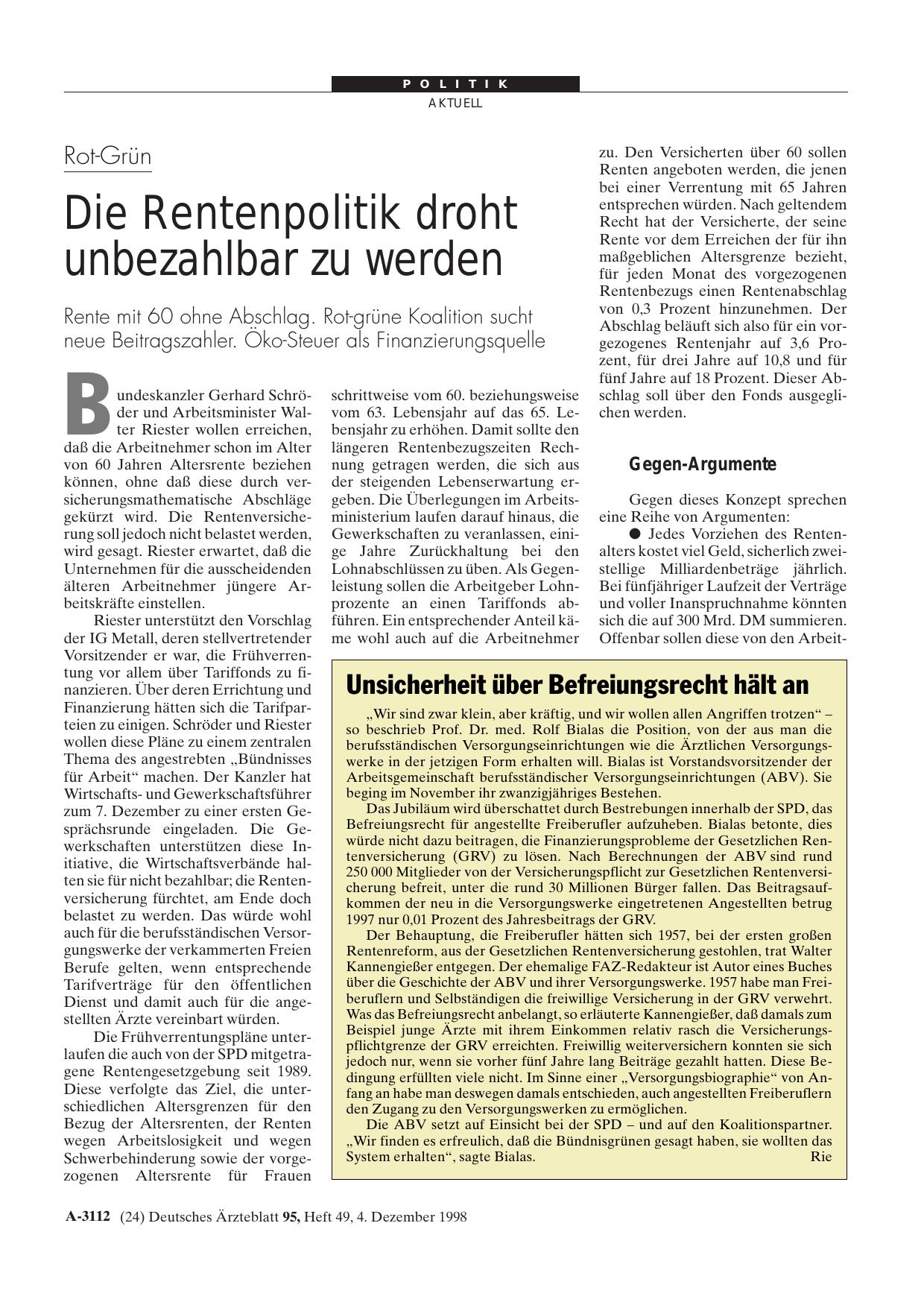 Vorschauseite 1: Rot-Grün: Die Rentenpolitik droht unbezahlbar zu werden