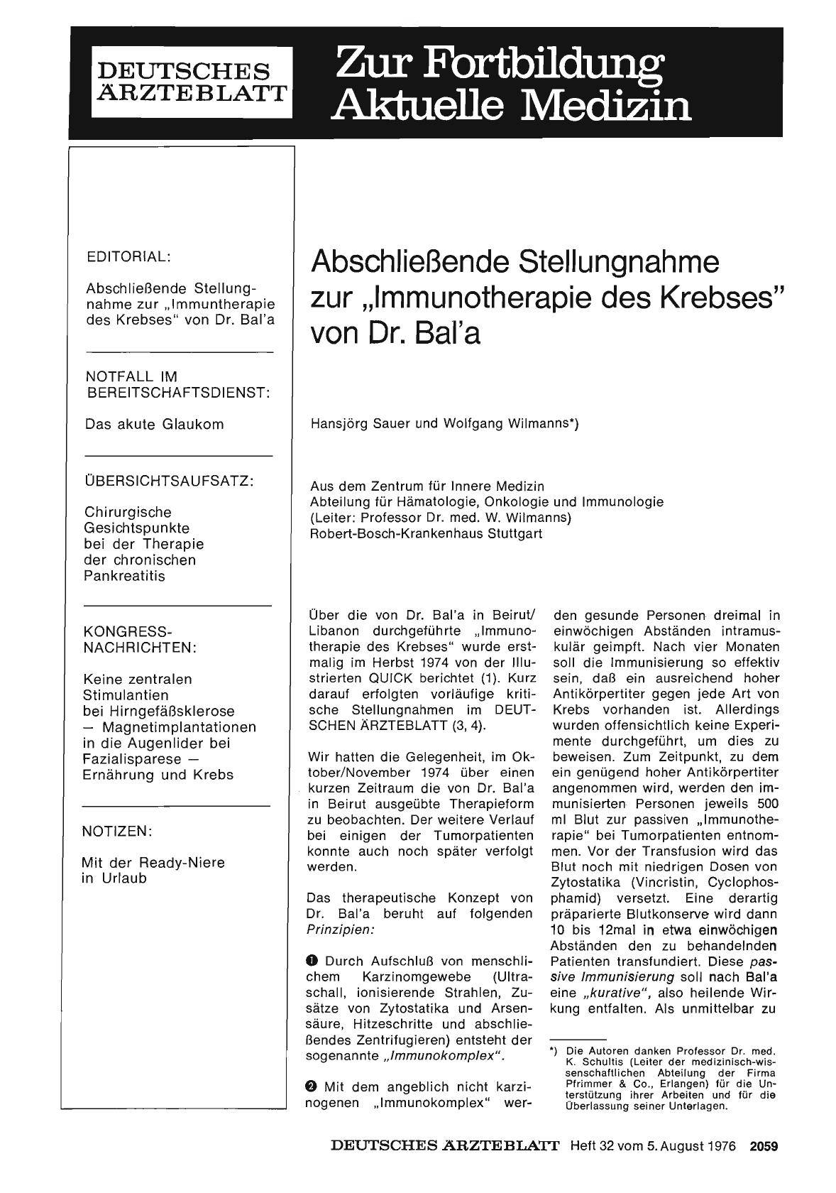 Vorschauseite 1: Abschließende Stellungnahme zur „Immunotherapie des Krebses“ von Dr. Bal'a