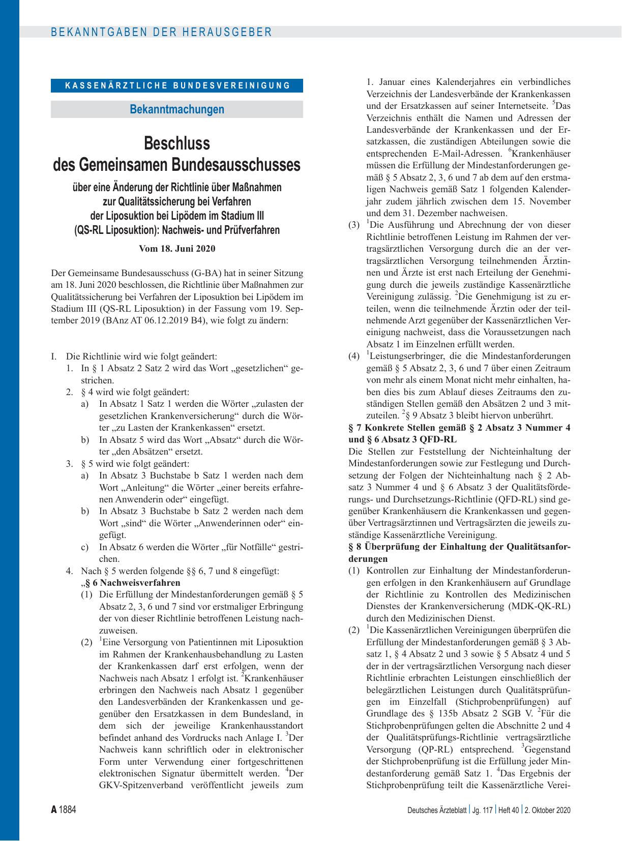 Vorschauseite 1: Beschluss des Gemeinsamen Bundesausschusses über eine Änderung der Richtlinie über Maßnahmen zur Qualitätssicherung bei Verfahren der Liposuktion bei Lipödem im Stadium III (QS-RL…