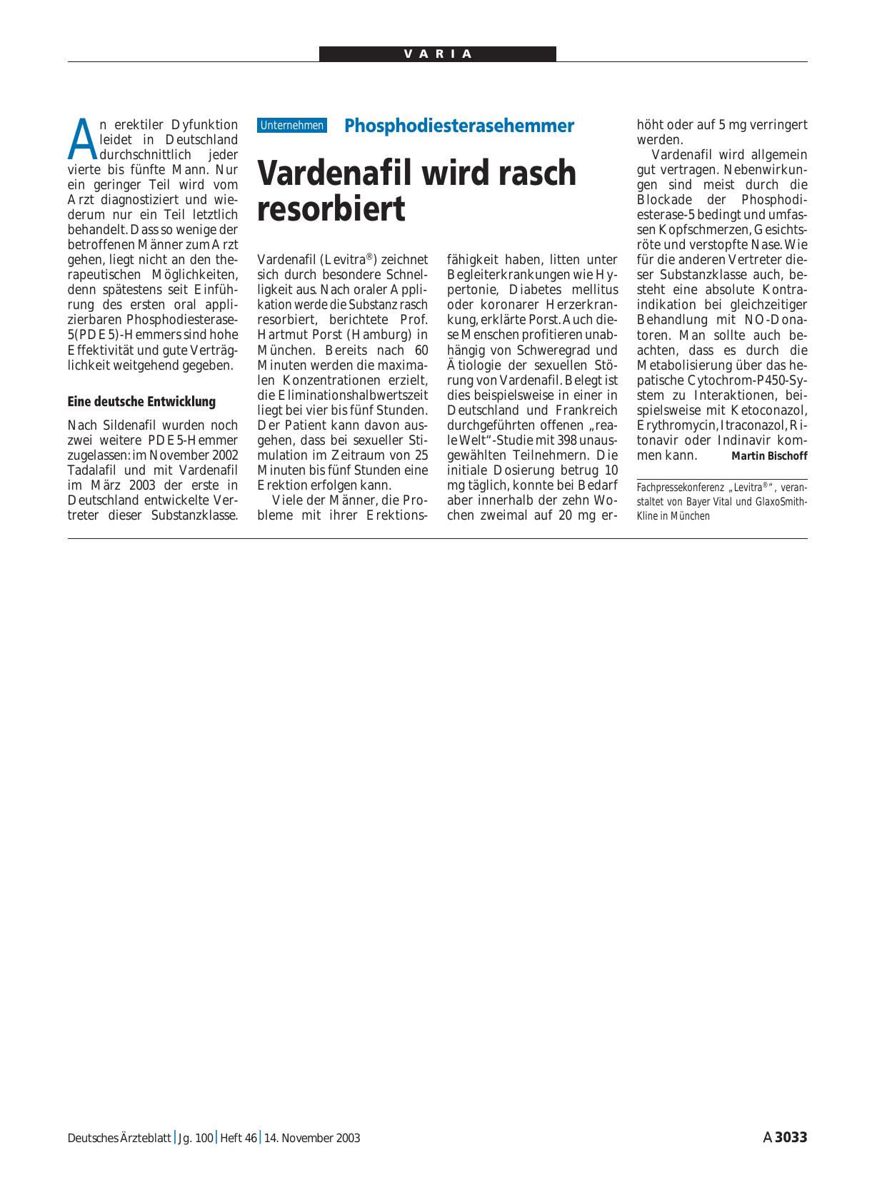 Vorschauseite 1: Phosphodiesterasehemmer: Vardenafil wird rasch resorbiert