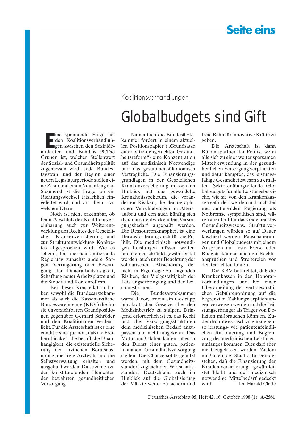 Vorschauseite 1: Koalitionsverhandlungen: Globalbudgets sind Gift