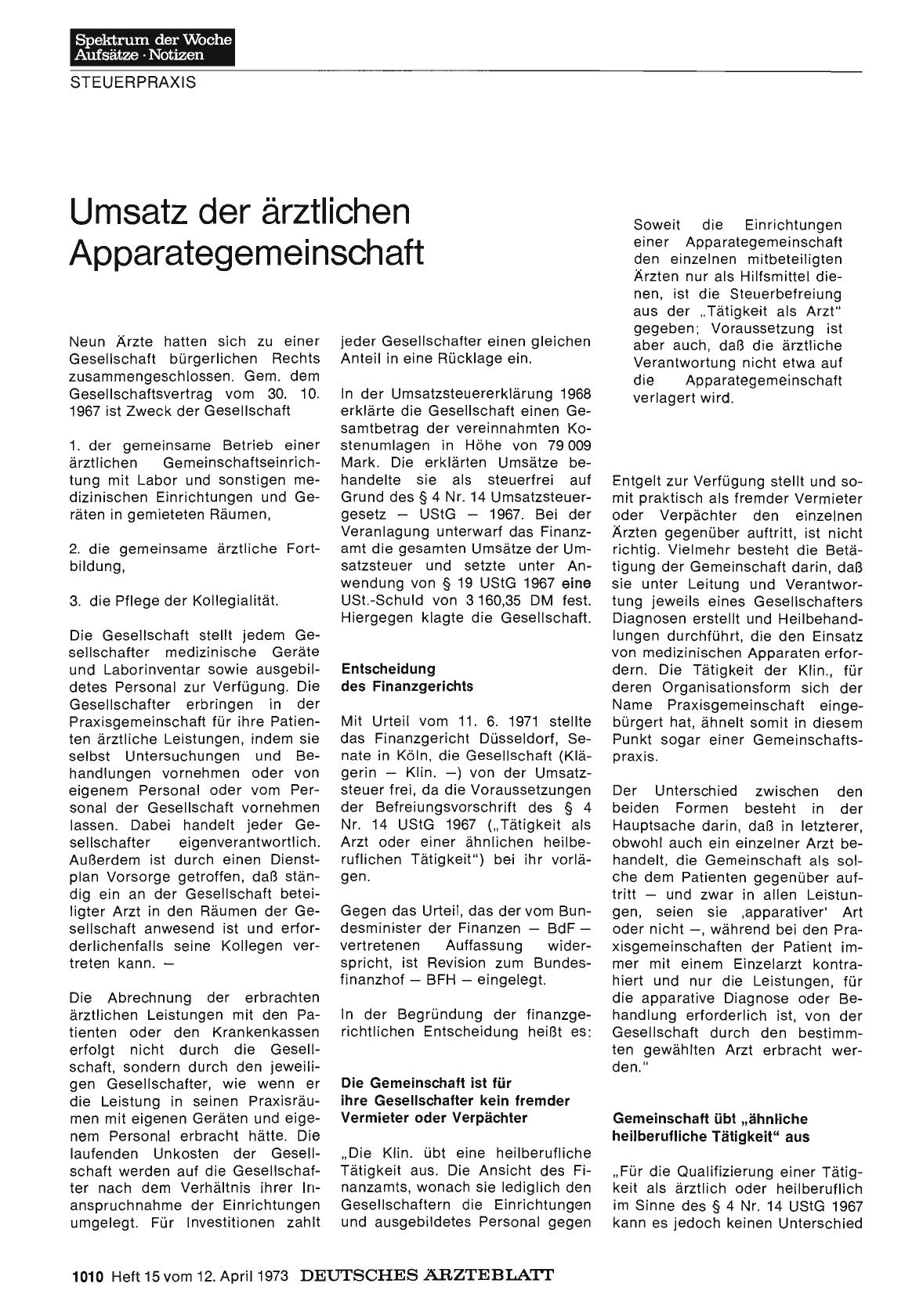 Vorschauseite 1: Umsatz der ärztlichen Apparategemeinschaft