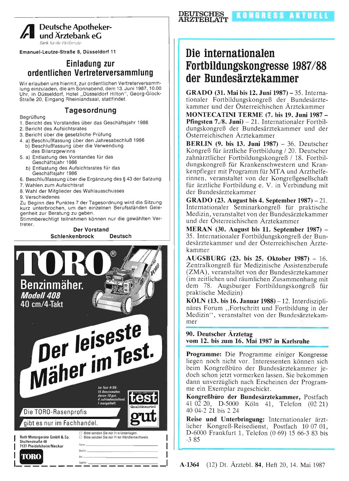 Vorschauseite 1: Die internationalen Fortbildungskongresse 1987/88 der Bundesärztekammer