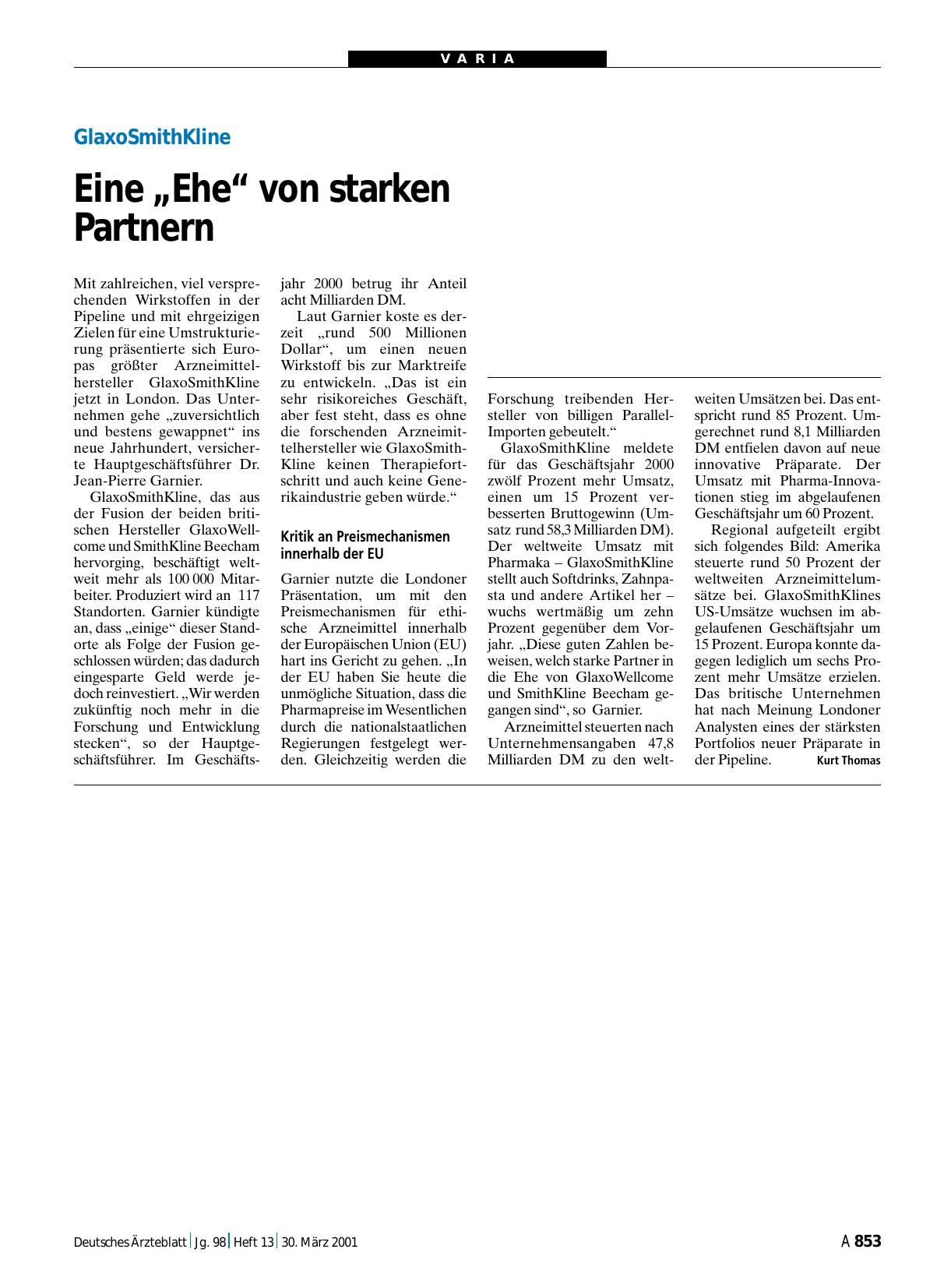 Vorschauseite 1: GlaxoSmithKline: Eine „Ehe“ von starken Partnern