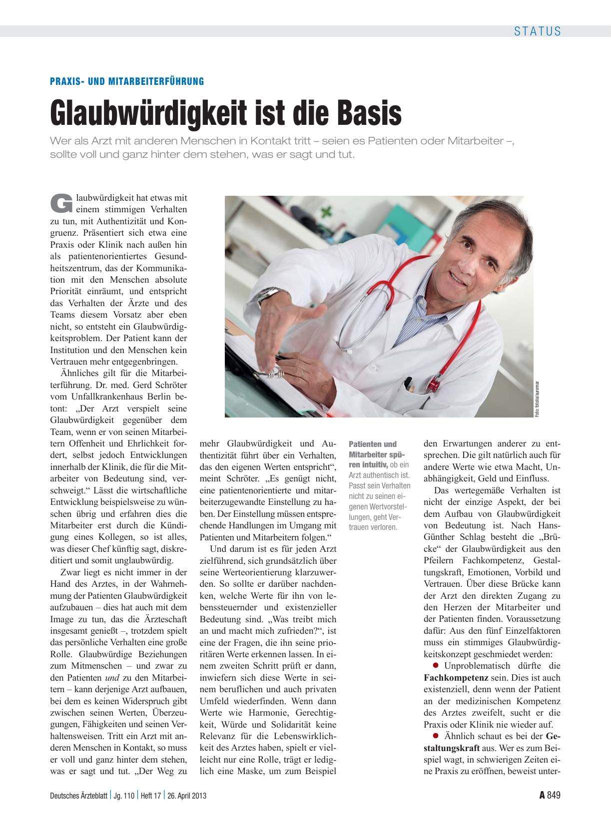 Vorschauseite 1: Praxisund Mitarbeiterführung: Glaubwürdigkeit ist die Basis