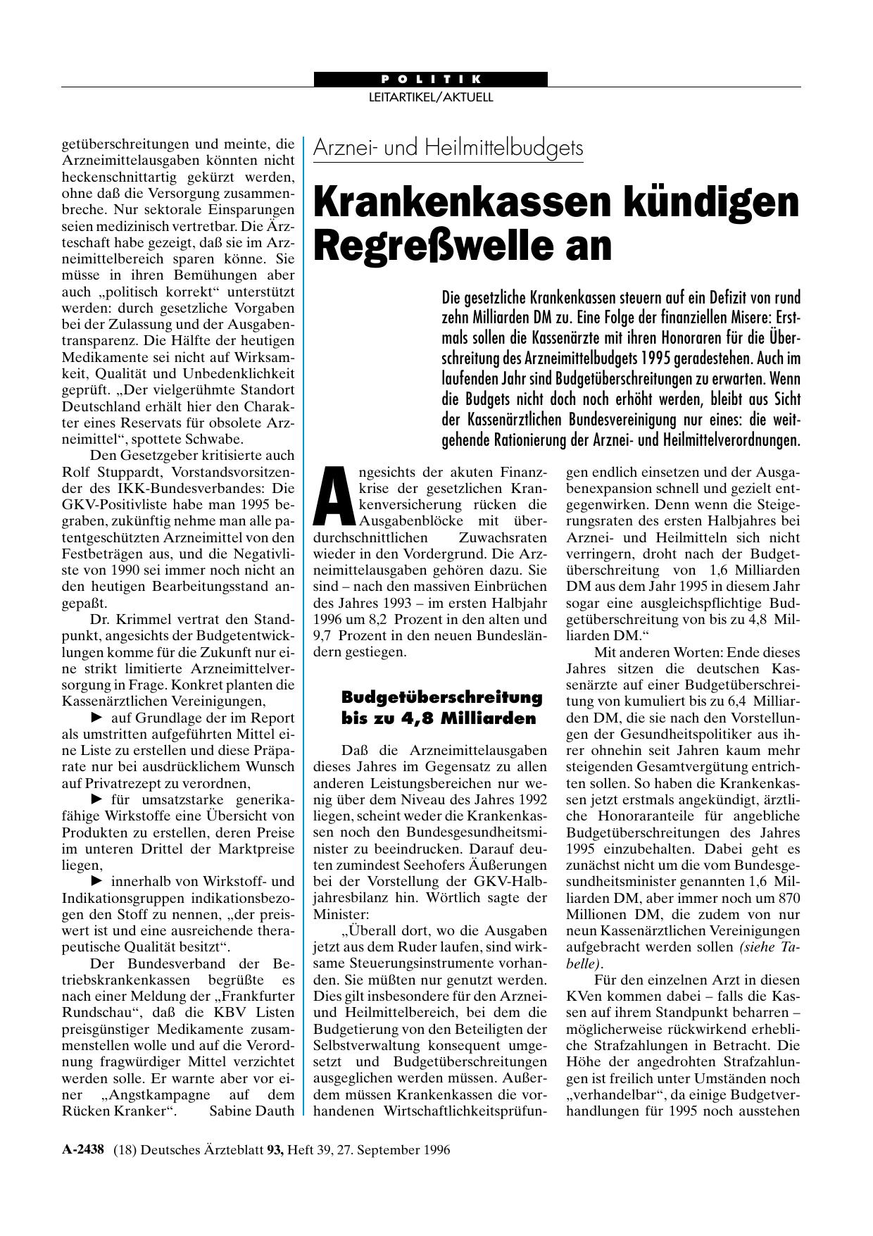 Vorschauseite 1: Arzneiund Heilmittelbudgets: Krankenkassen kündigen Regreßwelle an