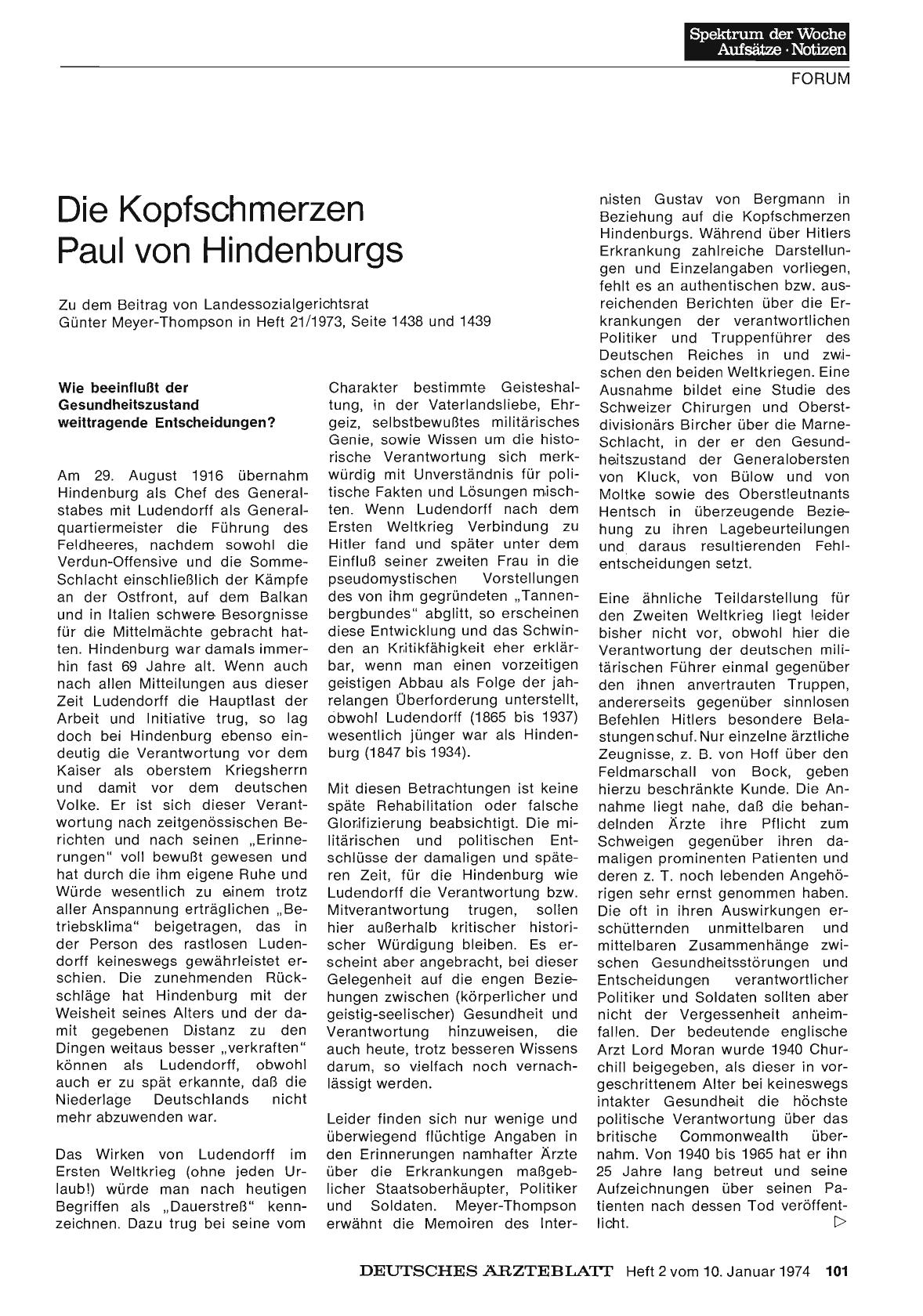 Vorschauseite 1: Die Kopfschmerzen Paul von Hindenburgs