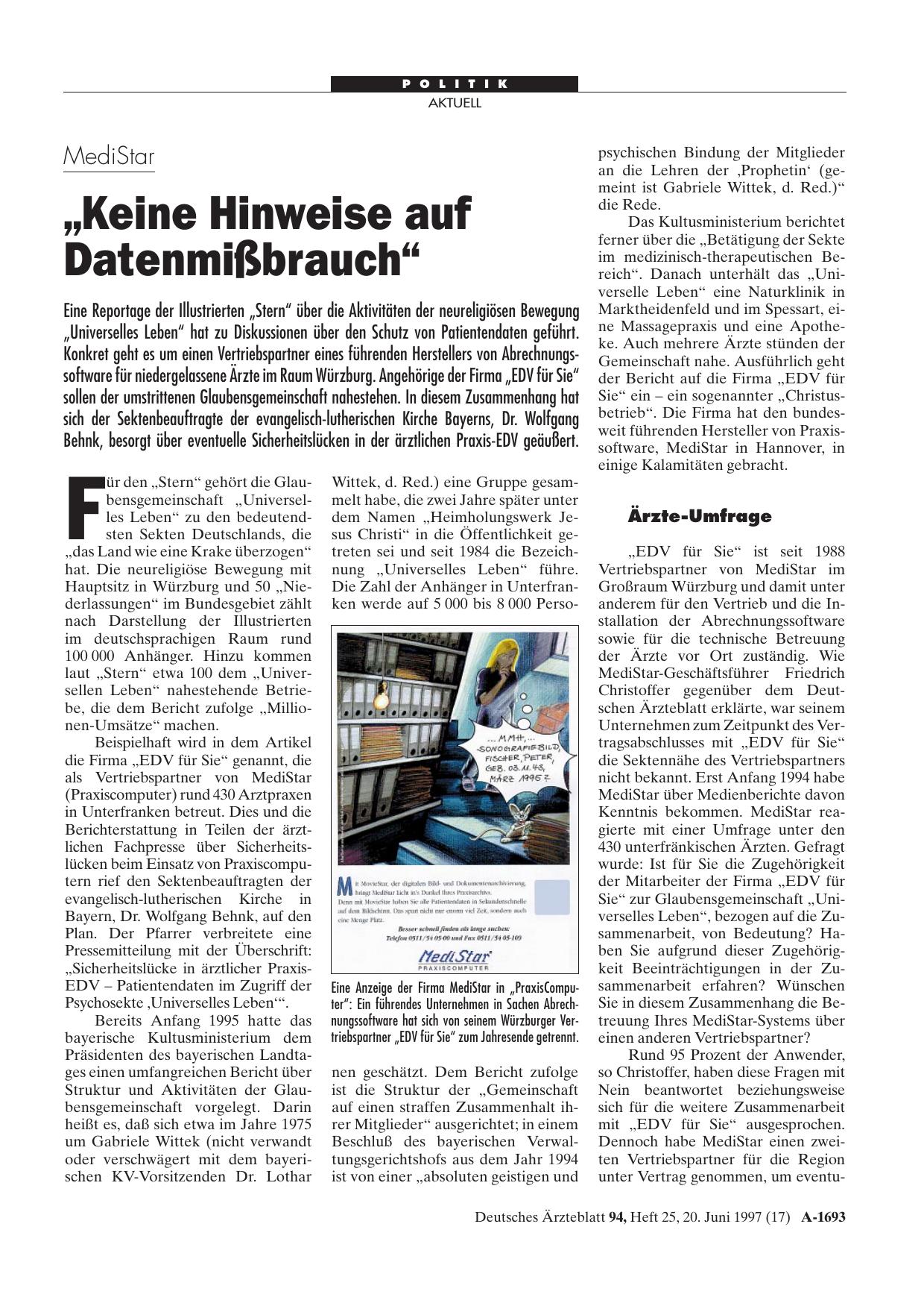 Vorschauseite 1: MediStar: „Keine Hinweise auf Datenmißbrauch“