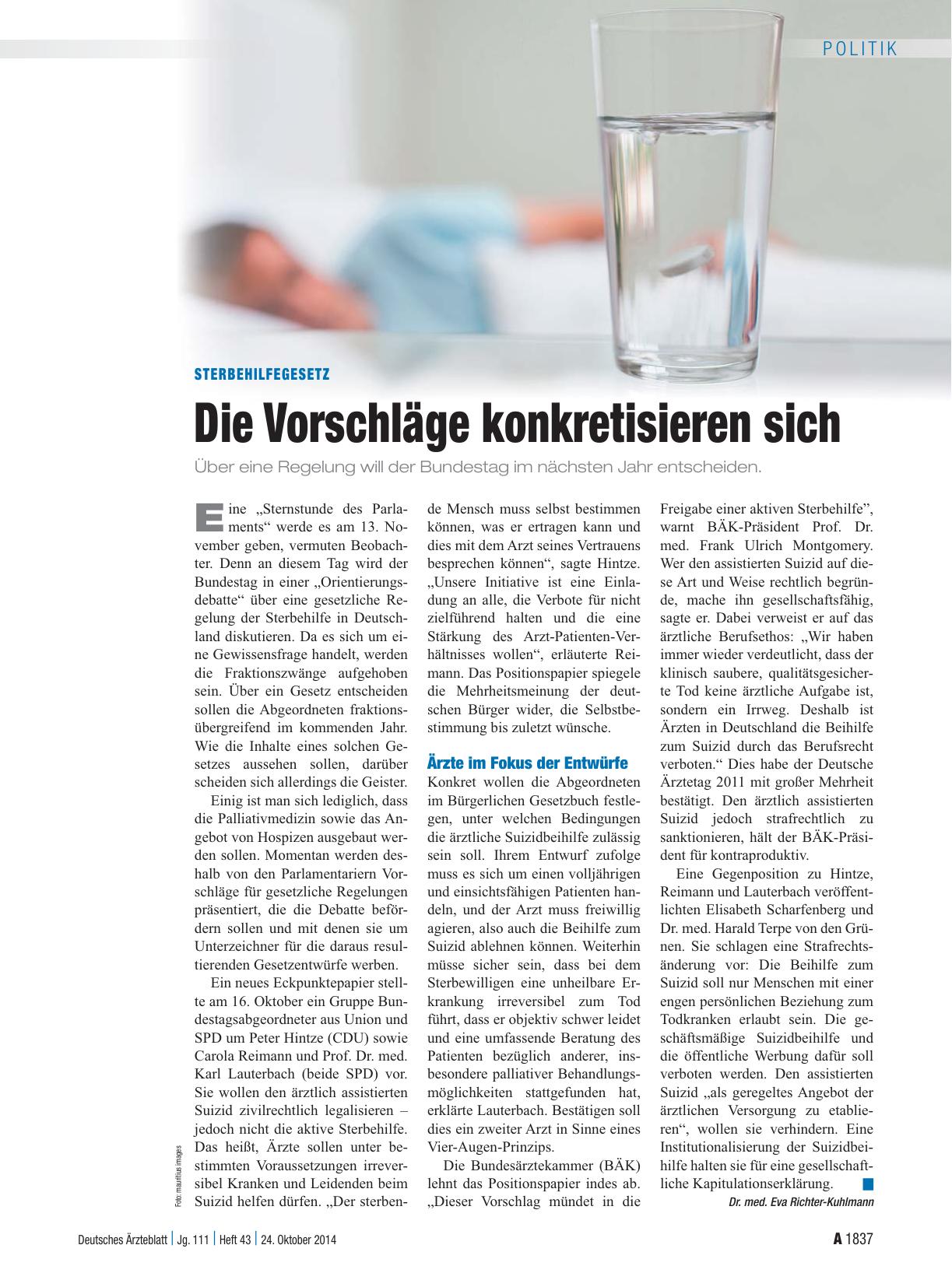 Vorschauseite 1: Sterbehilfegesetz: Die Vorschläge konkretisieren sich