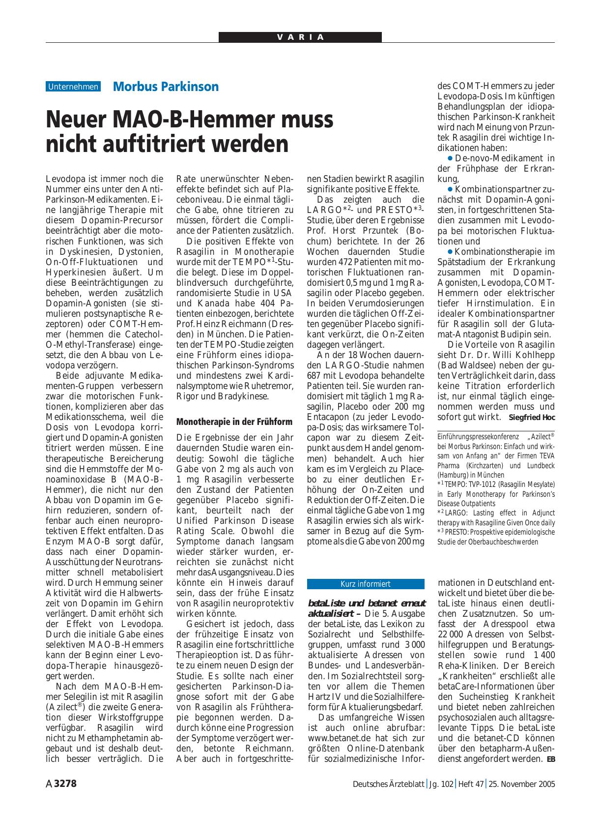Vorschauseite 1: Morbus Parkinson: Neuer MAO-B-Hemmer muss nicht auftitriert werden
