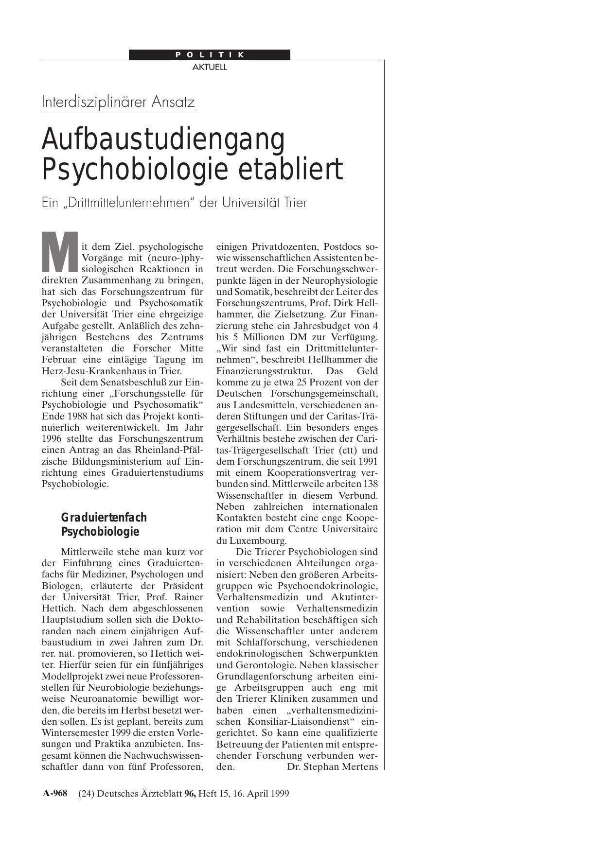 Vorschauseite 1: Interdisziplinärer Ansatz: Aufbaustudiengang Psychobiologie etabliert