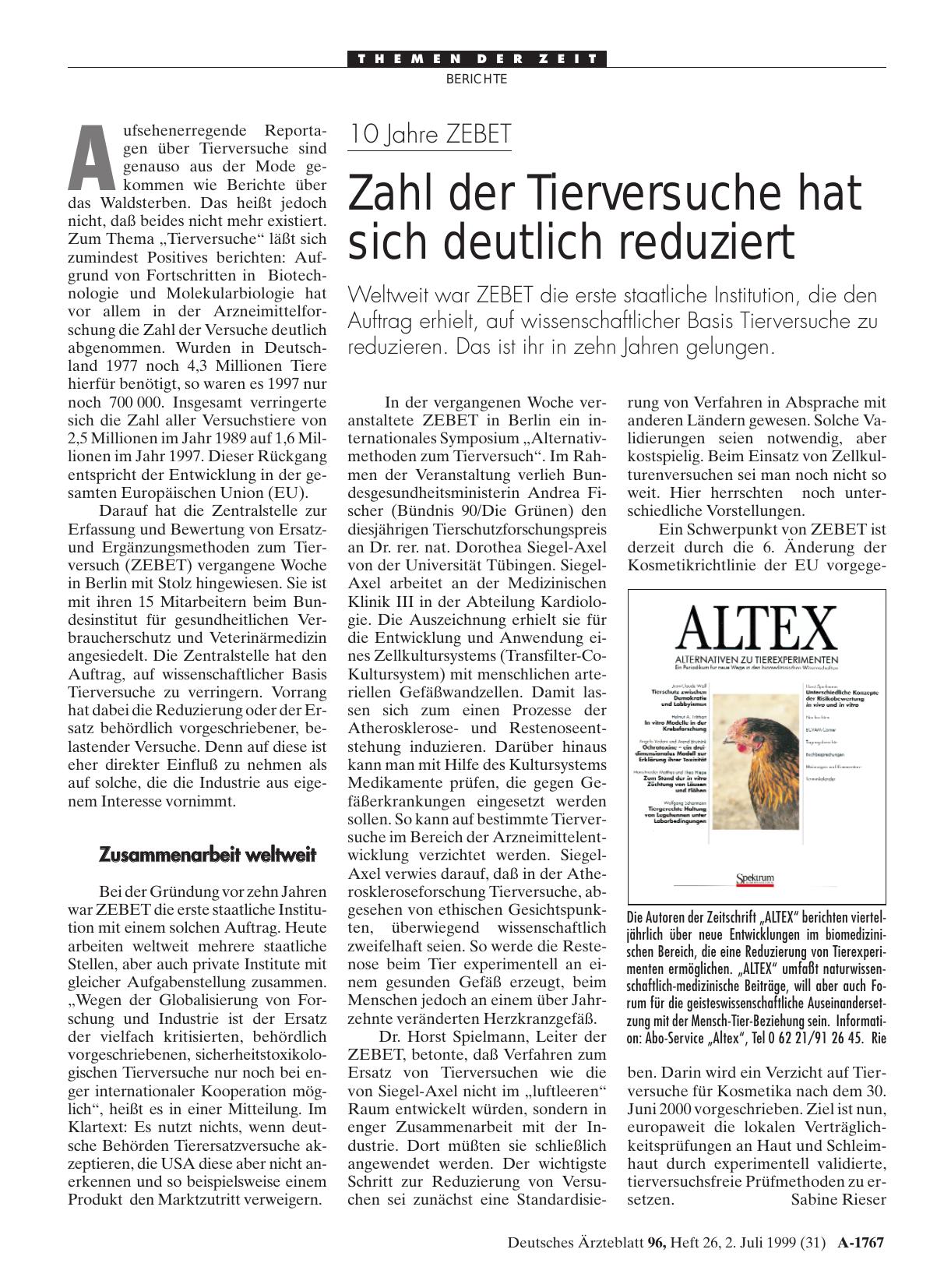 Vorschauseite 1: 10 Jahre ZEBET: Zahl der Tierversuche hat sich deutlich reduziert