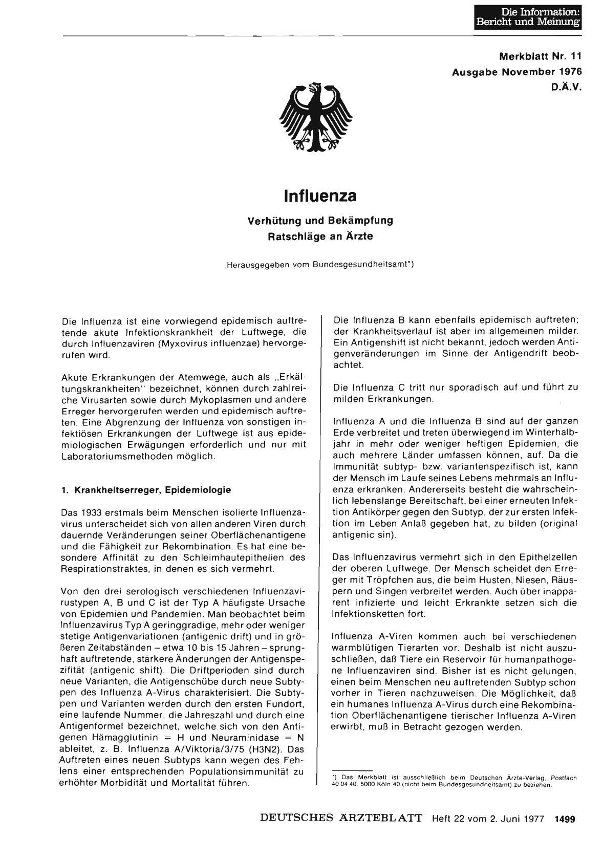 Vorschauseite 1: Merkblatt Nr. 11 Ausgabe November 1976: Influenza Verhütung und Bekämpfung Ratschläge an Ärzte