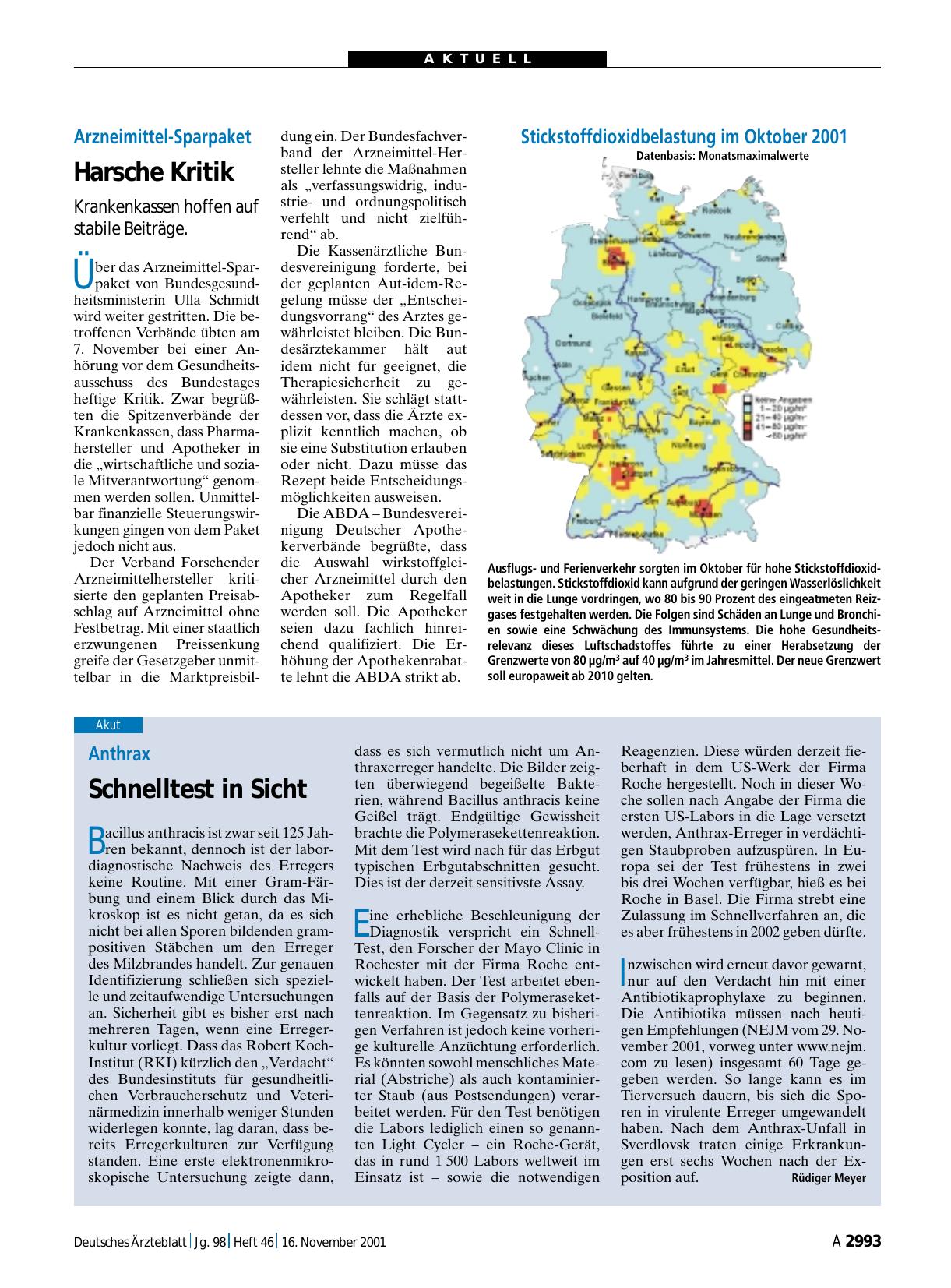 Vorschauseite 1: Stickstoffdioxidbelastung im Oktober 2001