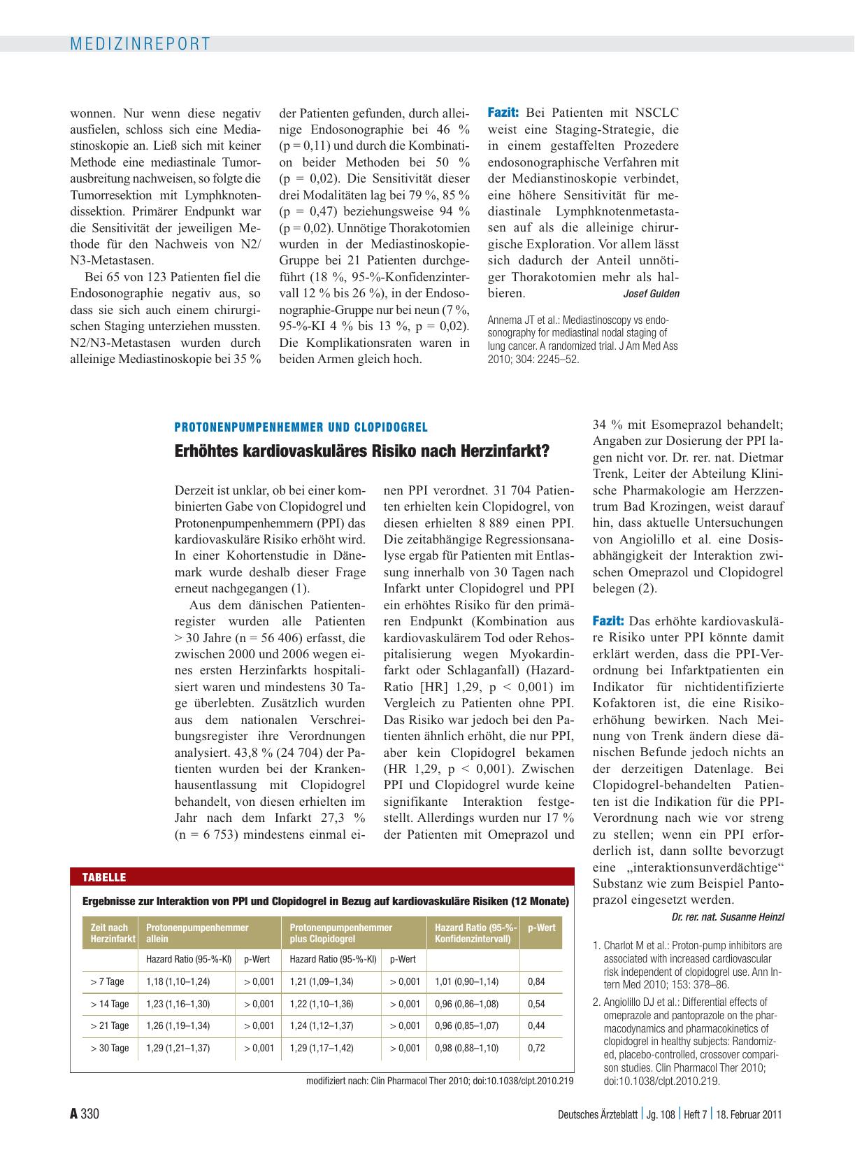 Vorschauseite 1: Protonenpumpenhemmer und Clopidogrel: Erhöhtes kardiovaskuläres Risiko nach Herzinfarkt?