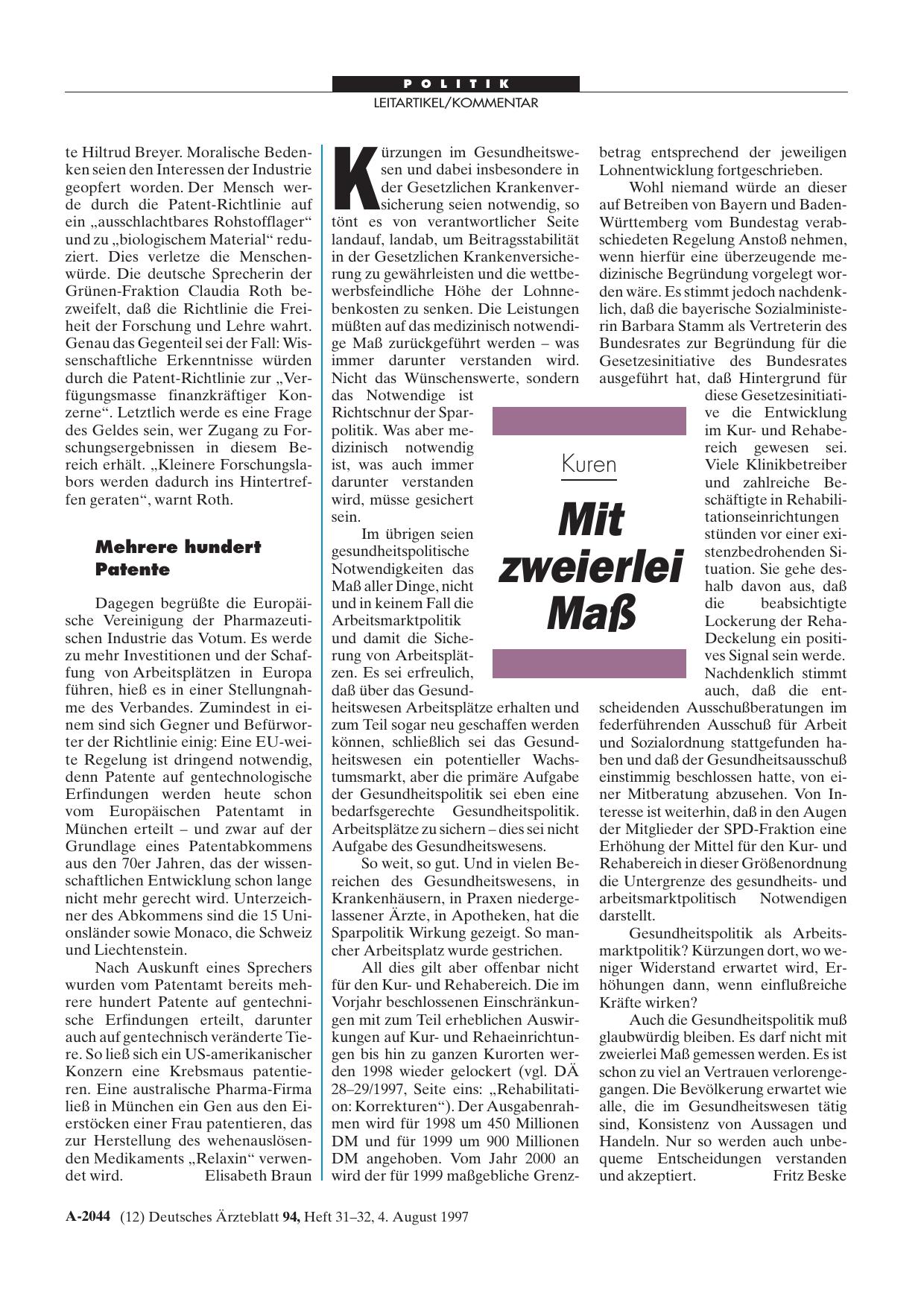 Vorschauseite 1: Kuren: Mit zweierlei Maß