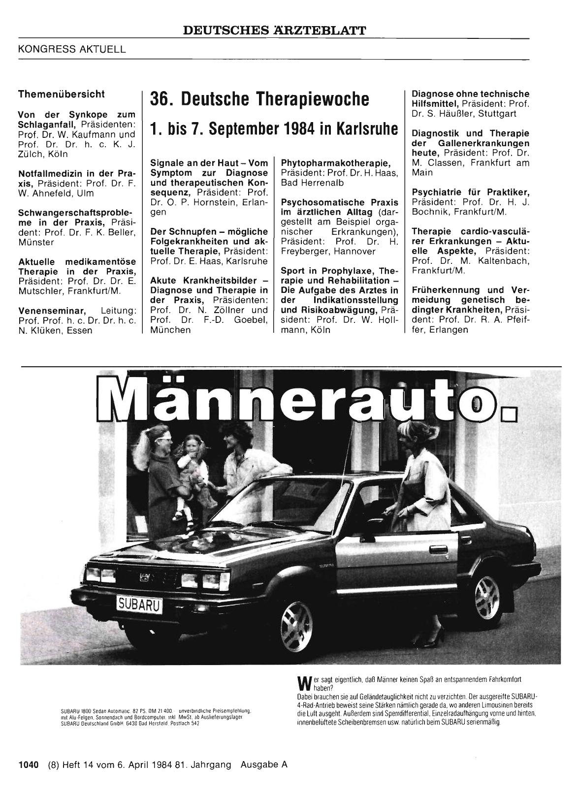 Vorschauseite 1: 36. Deutsche Therapiewoche 1. bis 7. September 1984 in Karlsruhe