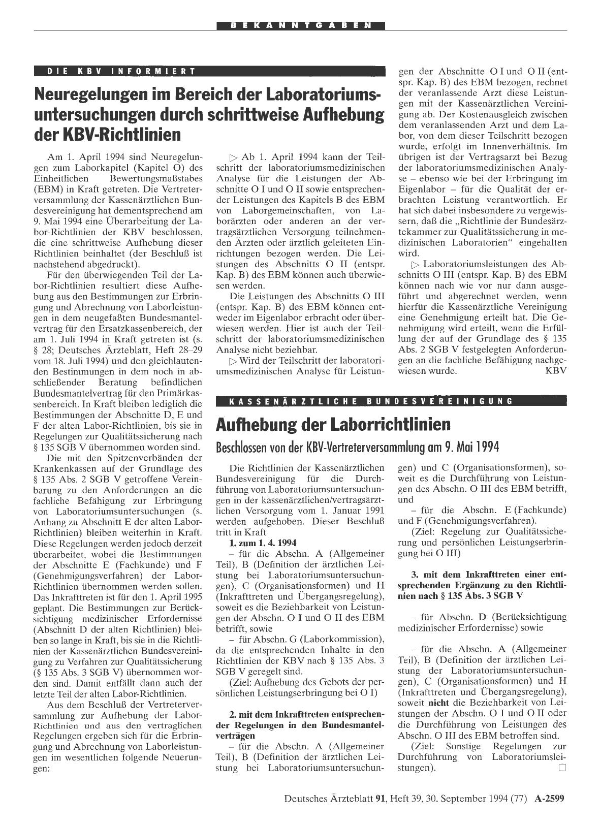 Vorschauseite 1: Aufhebung der Laborrichtlinien: Beschlossen von der KBV-Vertreterversammlung am 9. Mai 1994