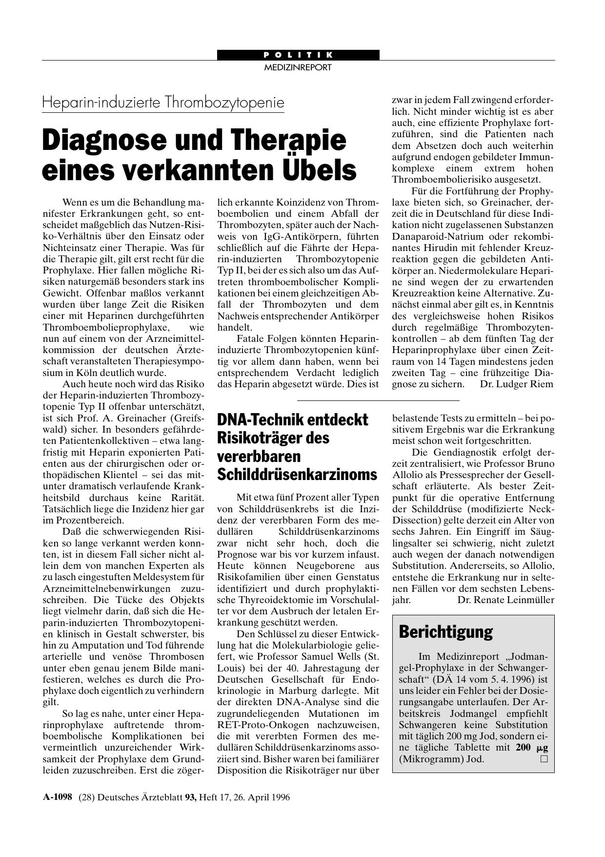 Vorschauseite 1: Heparin-induzierte Thrombozytopenie: Diagnose und Therapie eines verkannten Übels