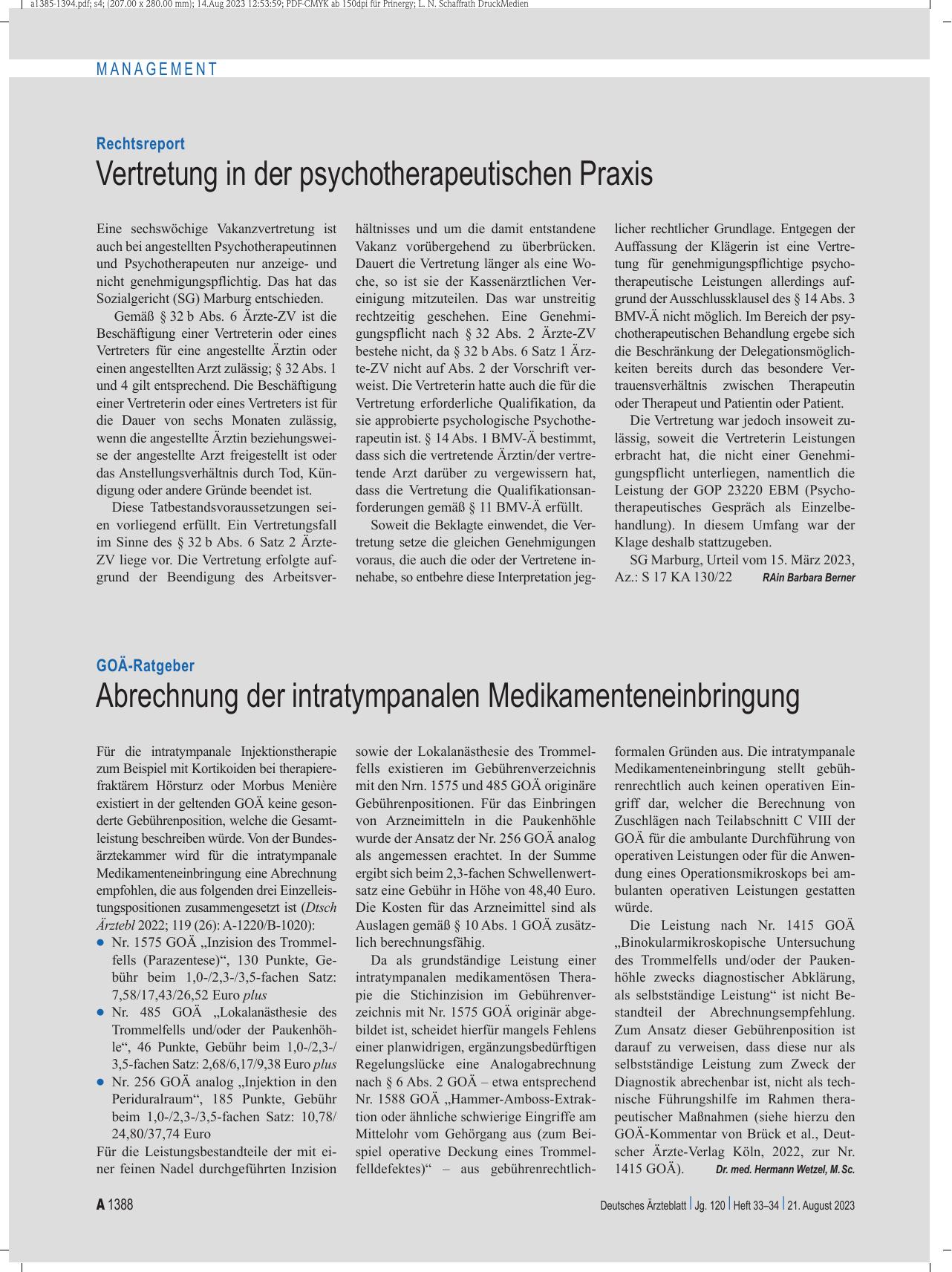 Vorschauseite 1: GOÄ-Ratgeber: Abrechnung der intratympanalen Medikamenteneinbringung