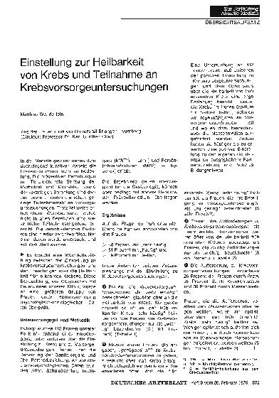 Vorschauseite 1: Einstellung zur Heilbarkeit von Krebs und Teilnahme an Krebsvorsorgeuntersuchungen