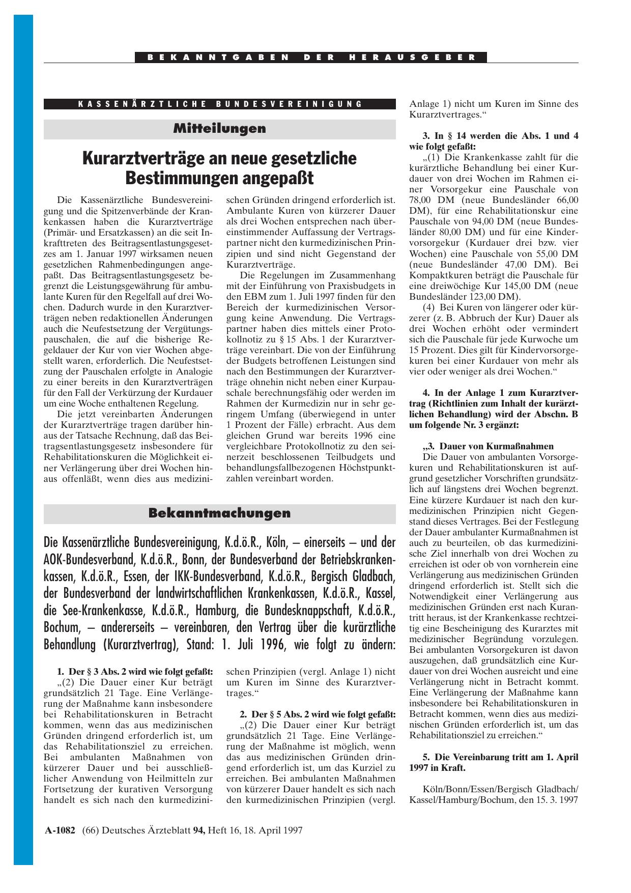 Vorschauseite 1: Mitteilungen: Kurarztverträge an neue gesetzliche Bestimmungen angepaßt