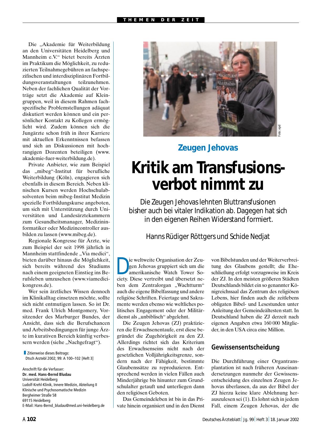 Vorschauseite 1: Zeugen Jehovas: Kritik am Transfusionsverbot nimmt zu