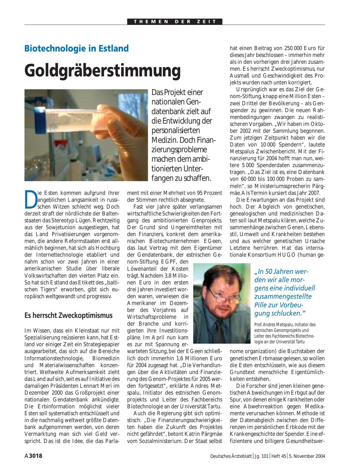 Vorschauseite 1: Biotechnologie in Estland: Goldgräberstimmung