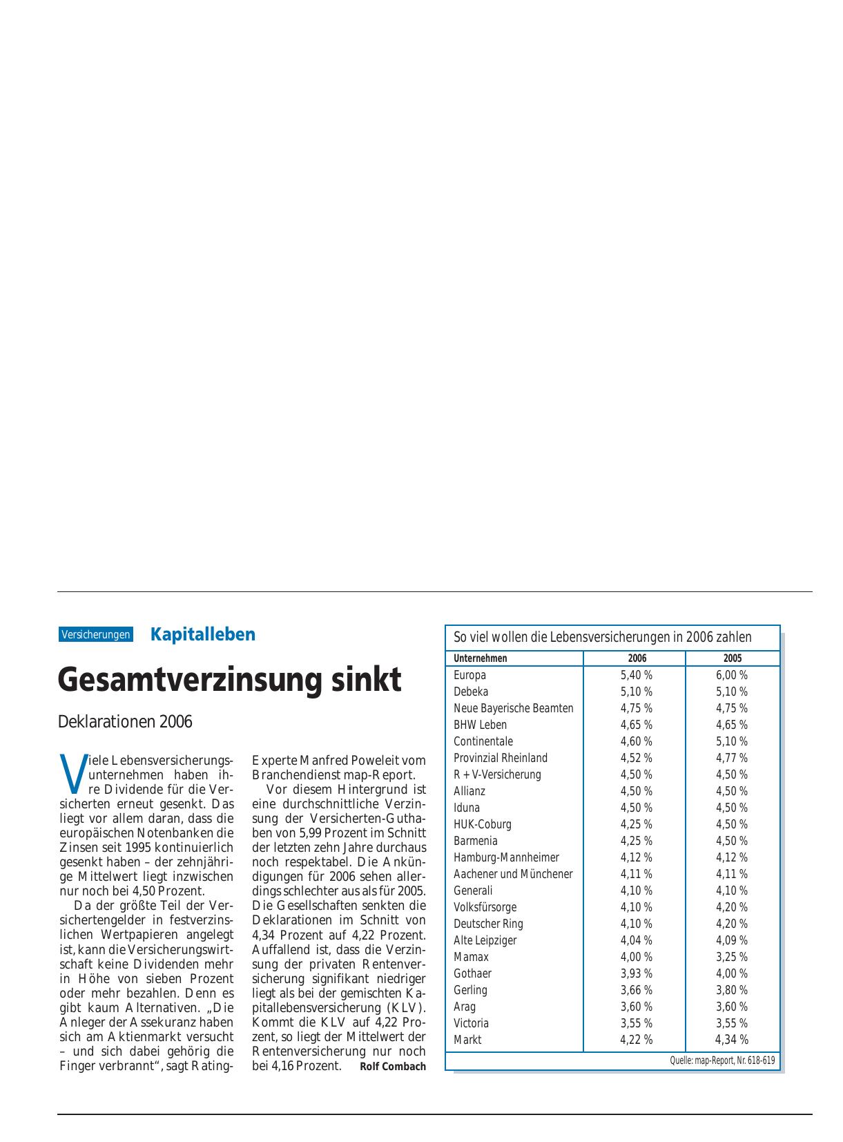 Vorschauseite 1: Kapitalleben: Gesamtverzinsung sinkt – Deklarationen 2006