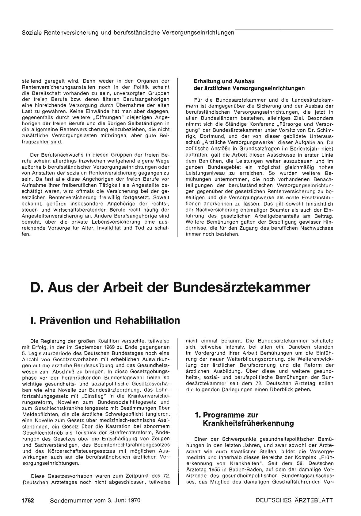 Vorschauseite 1: D. Aus der Arbeit der Bundesärztekammer: I. Prävention und Rehabilitation
