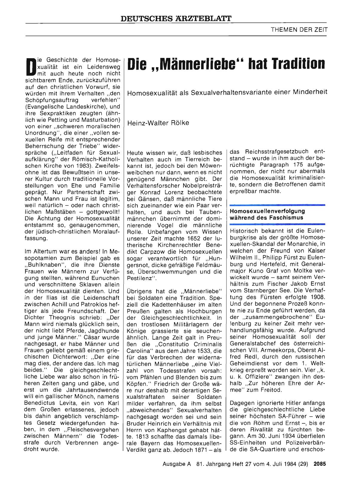 Vorschauseite 1: Die „Männerliebe“ hat Tradition