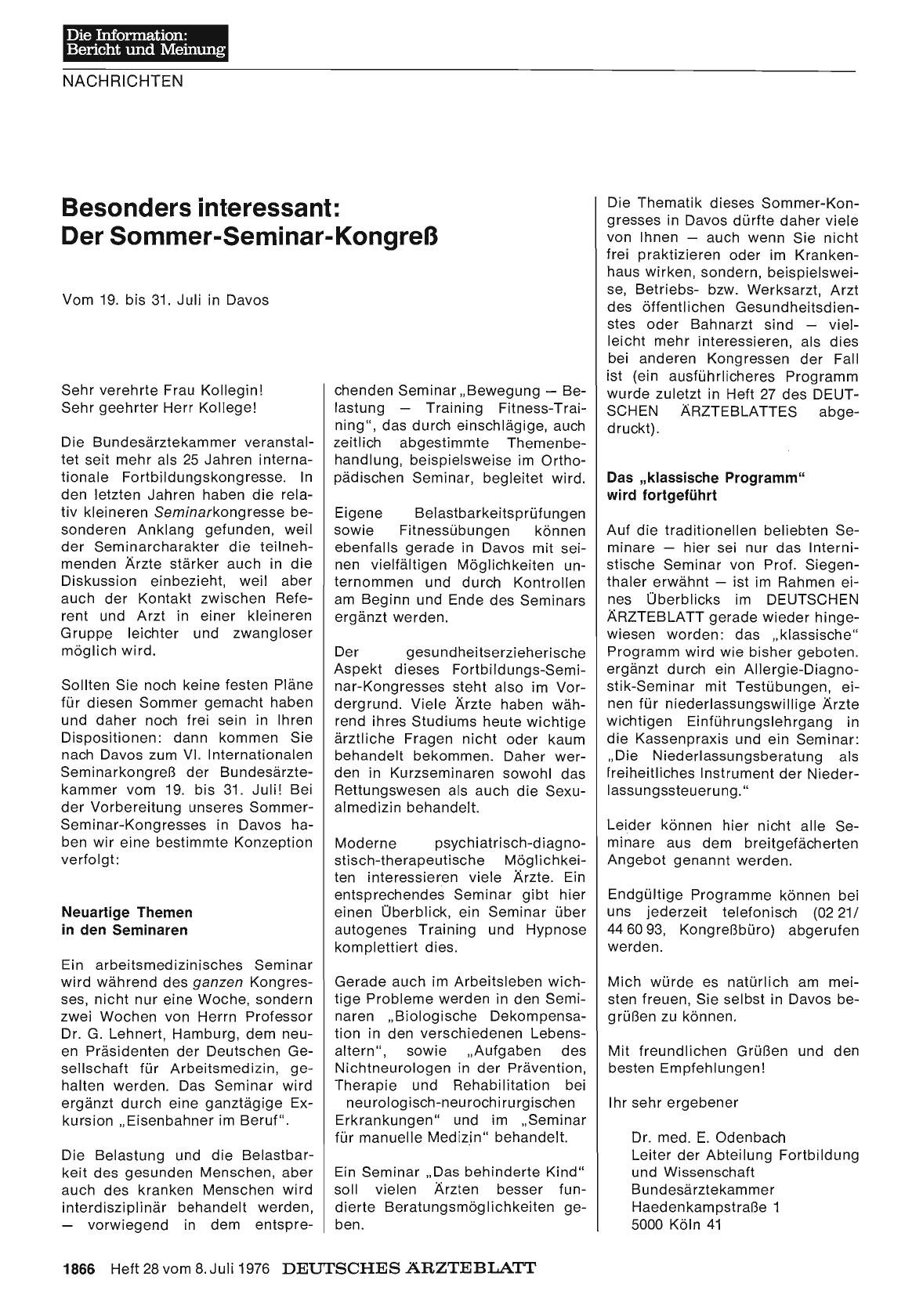 Vorschauseite 1: Besonders interessant: Der Sommer-Seminar-Kongreß — Vom 19. bis 31. Juli in Davos