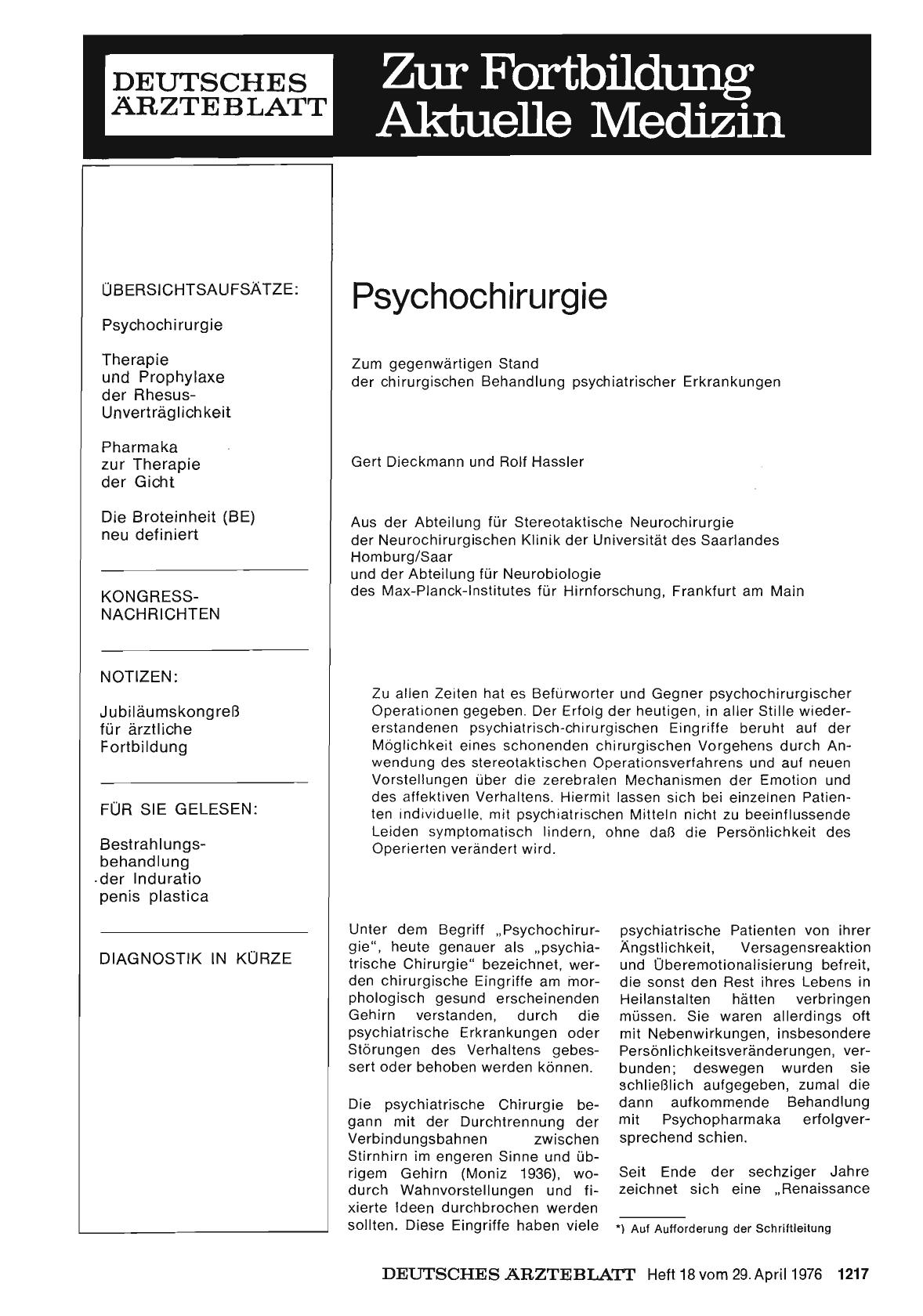 Vorschauseite 1: Psychochirurgie: Zum gegenwärtigen Stand der chirurgischen Behandlung psychiatrischer Erkrankungen