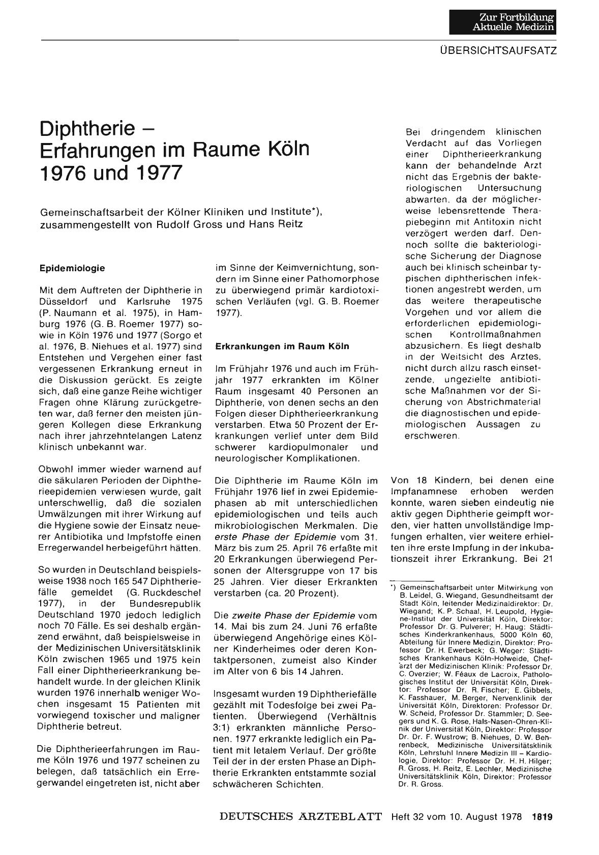 Vorschauseite 1: Diphtherie — Erfahrungen im Raume Köln 1976 und 1977