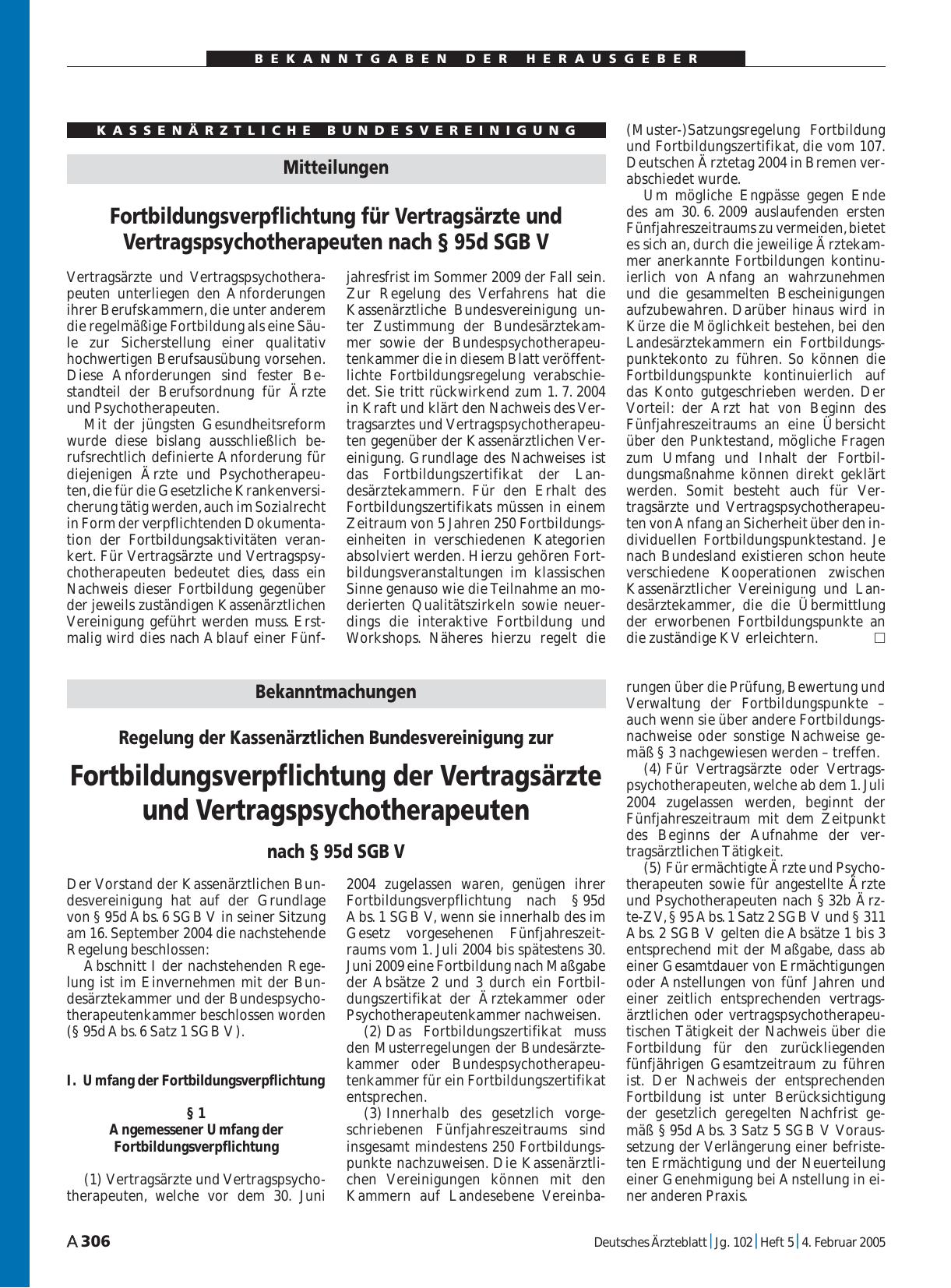 Vorschauseite 1: Mitteilungen: Fortbildungsverpflichtung für Vertragsärzte und Vertragspsychotherapeuten nach § 95d SGB V