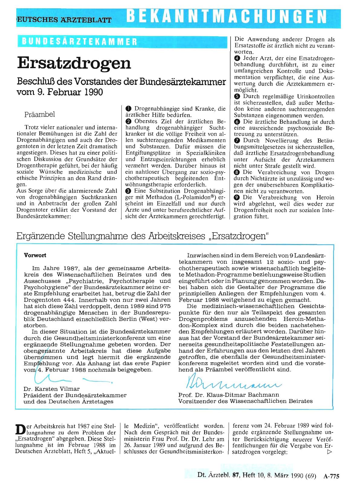 Vorschauseite 1: Ersatzdrogen Beschluß des Vorstandes der Bundesärztekammer vom 9. Februar 1990