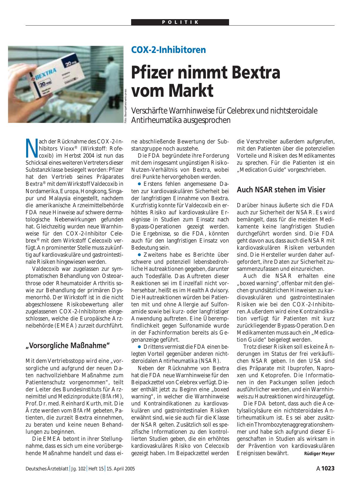 Vorschauseite 1: COX-2-Inhibitoren: Pfizer nimmt Bextra vom Markt