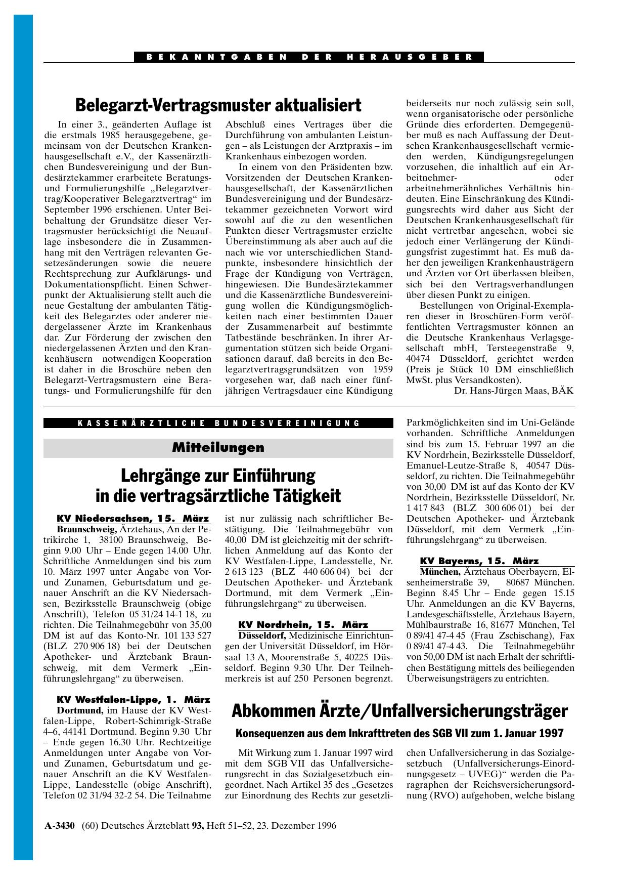 Vorschauseite 1: Mitteilungen: Lehrgänge zur Einführung in die vertragsärztliche Tätigkeit