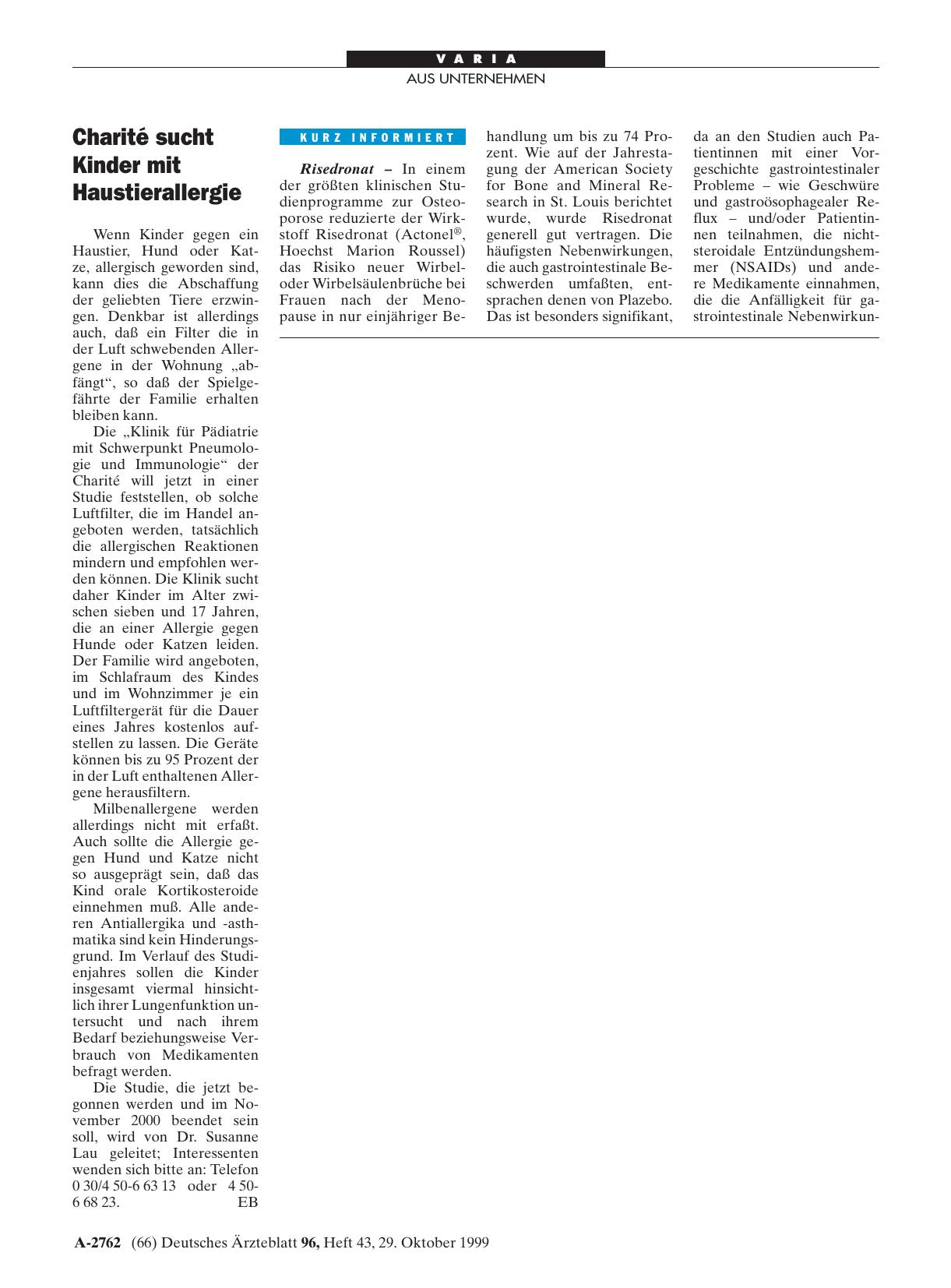 Vorschauseite 1: Charité sucht Kinder mit Haustierallergie