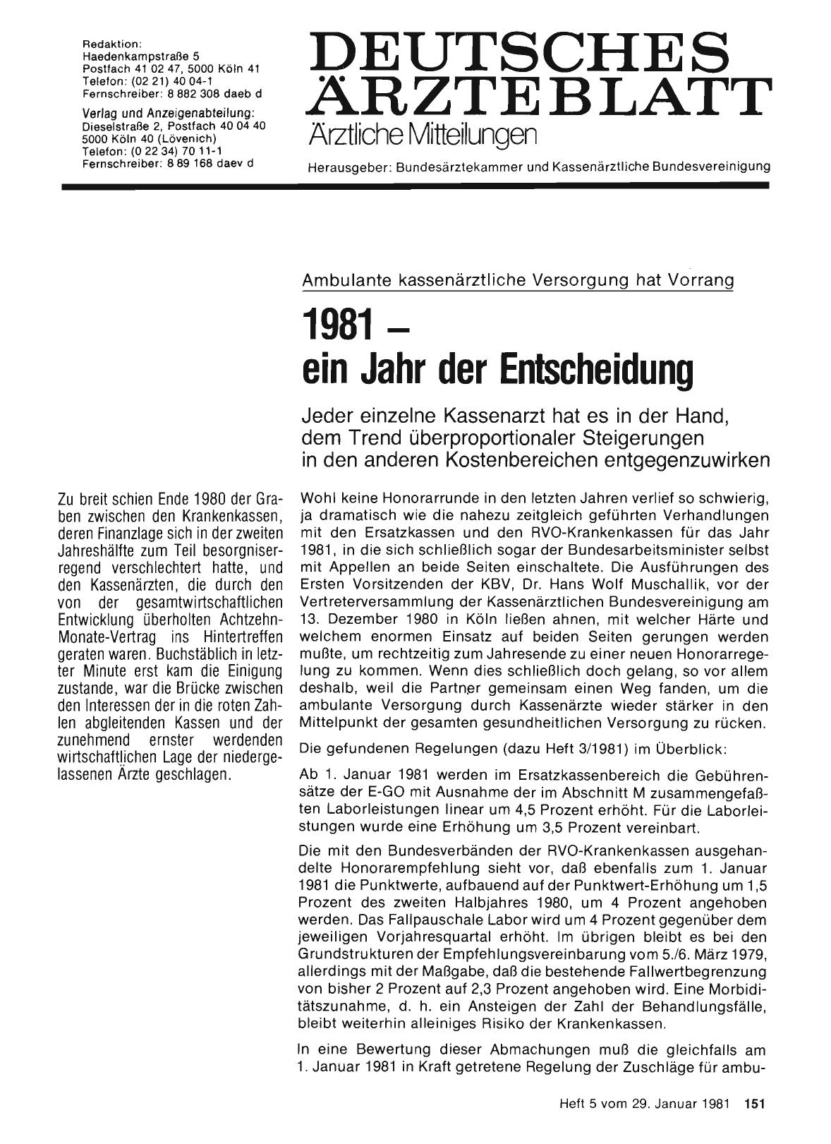 Vorschauseite 1: Ambulante kassenärztliche Versorgung hat Vorrang: 1981 — ein Jahr der Entscheidung