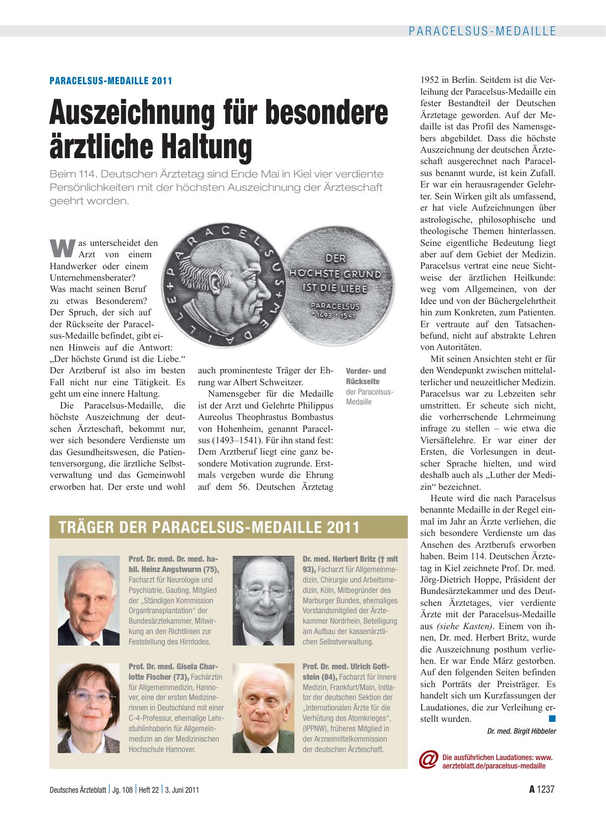 Vorschauseite 1: Paracelsus-Medaille 2011: Auszeichnung für besondere ärztliche Haltung