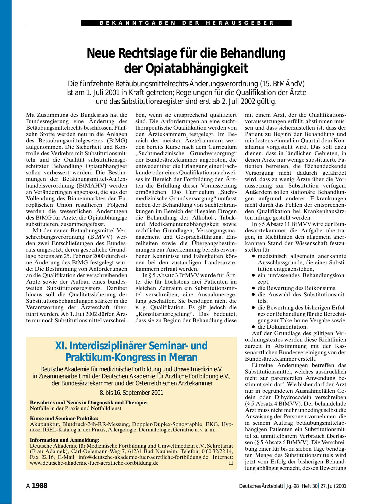 Vorschauseite 1: Neue Rechtslage für die Behandlung der Opiatabhängigkeit