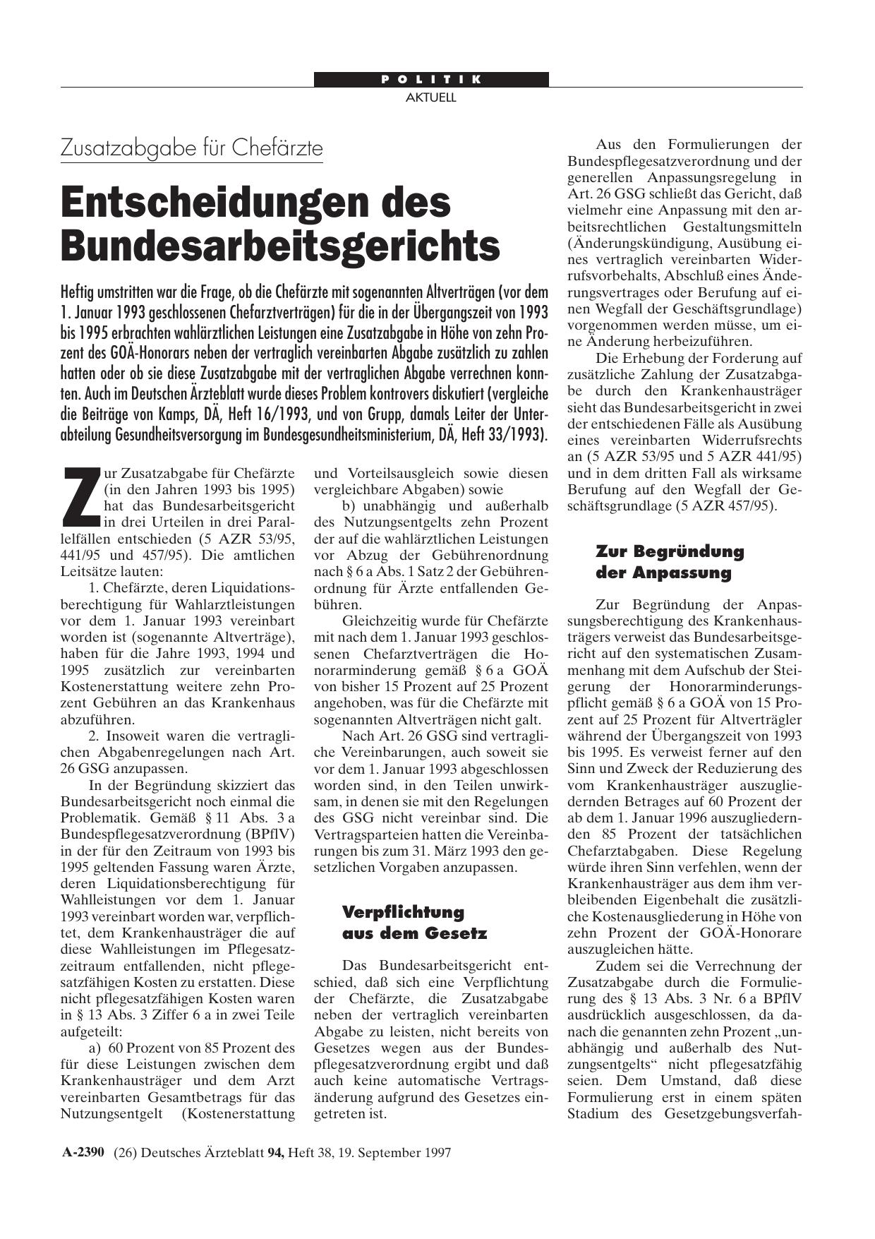 Vorschauseite 1: Zusatzabgabe für Chefärzte: Entscheidungen des Bundesarbeitsgerichts