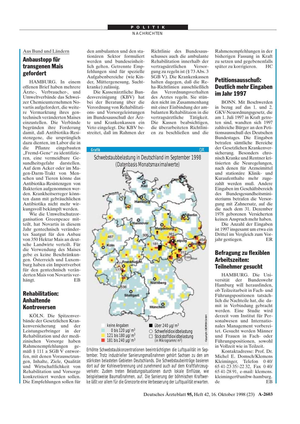 Vorschauseite 1: Schwebstaubbelastung in Deutschland im September 1998 (Datenbasis Monatsmaximalwerte)