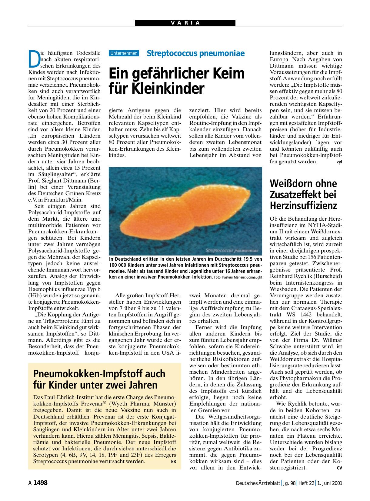 Vorschauseite 1: Pneumokokken-Impfstoff auch für Kinder unter zwei Jahren