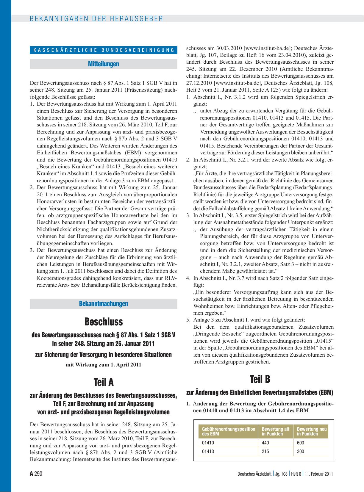 Vorschauseite 1: Beschluss des Bewertungsausschusses nach § 87 Abs. 1 Satz 1 SGB V in seiner 248. Sitzung am 25. Januar 2011 zur Sicherung der Versorgung in besonderen Situationen mit Wirkung zum…