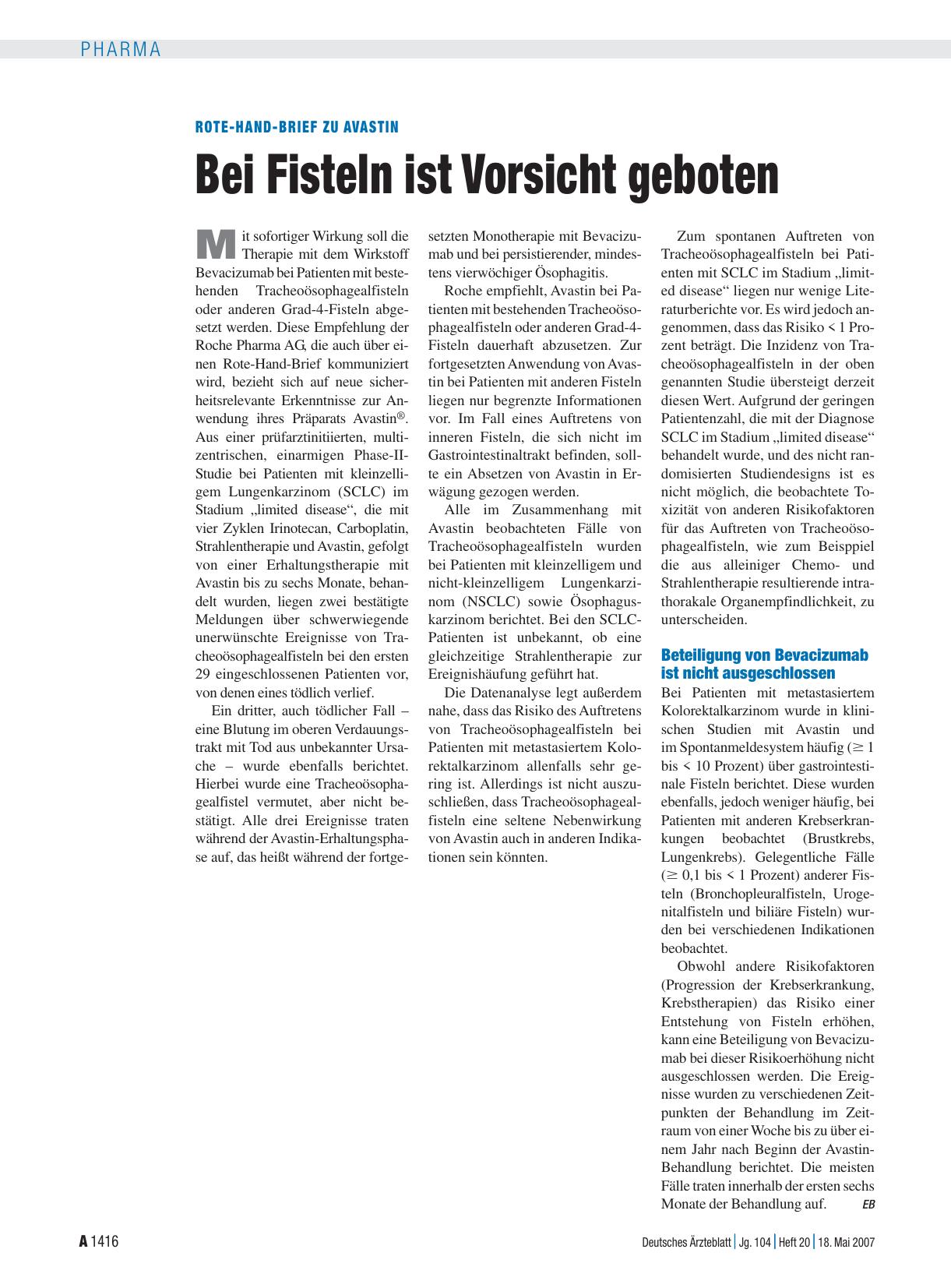 Vorschauseite 1: Rote-Hand-Brief zu Avastin: Bei Fisteln ist Vorsicht geboten